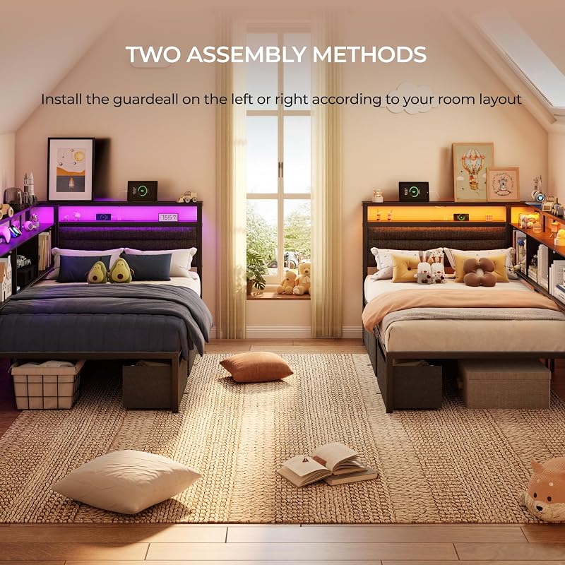 OURPIC Twin Corner Bed Frame with Upholstered headboard,3 Storage Drawers image 3