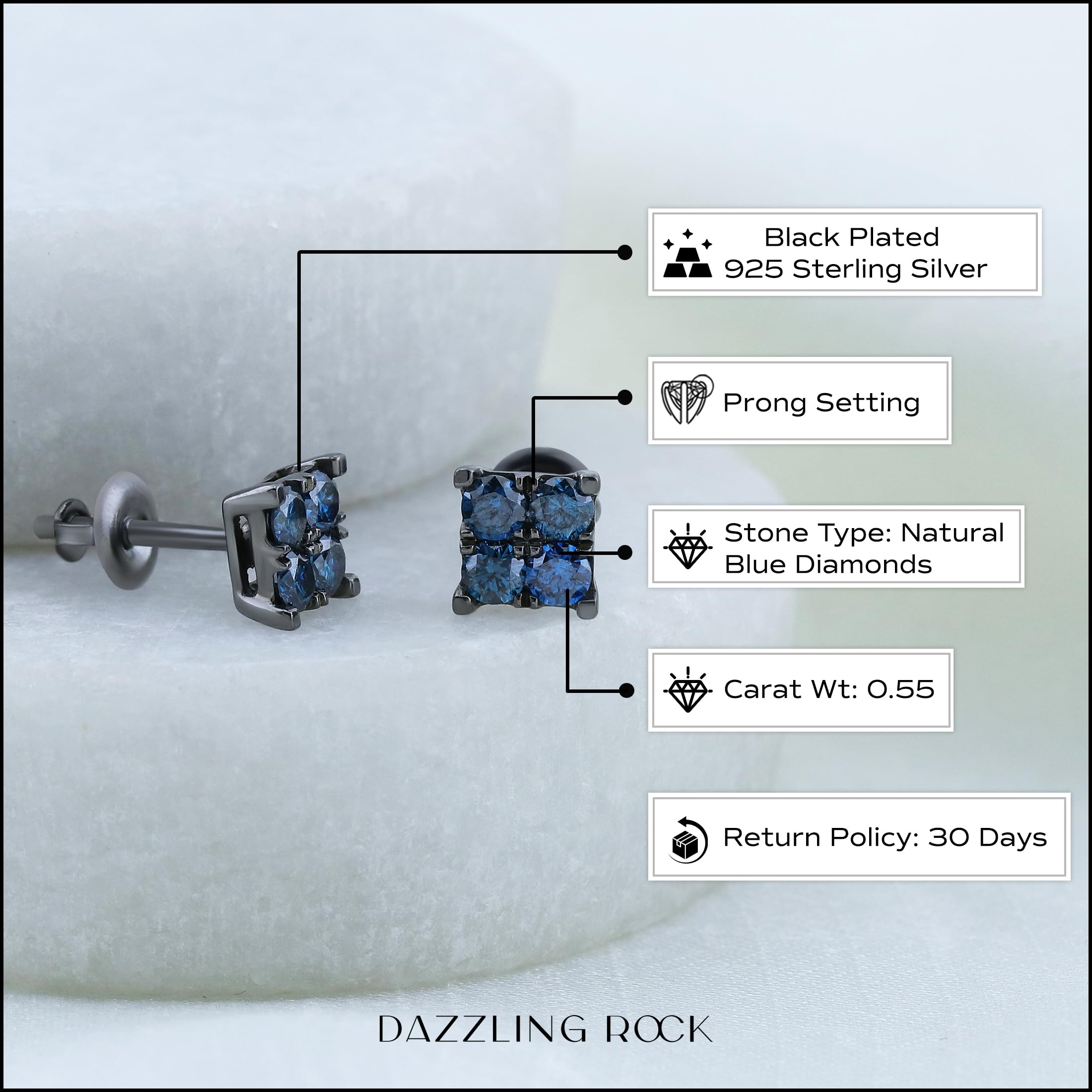 Dazzlingrock Collection 0.55 Ctw Natural Round Blue Diamond 6mm Square Hip Hop Iced Out Studs in Black Plated Sterling Silver, Unisex Design Ladies,Mens Real Diamond Earrings: Pushback