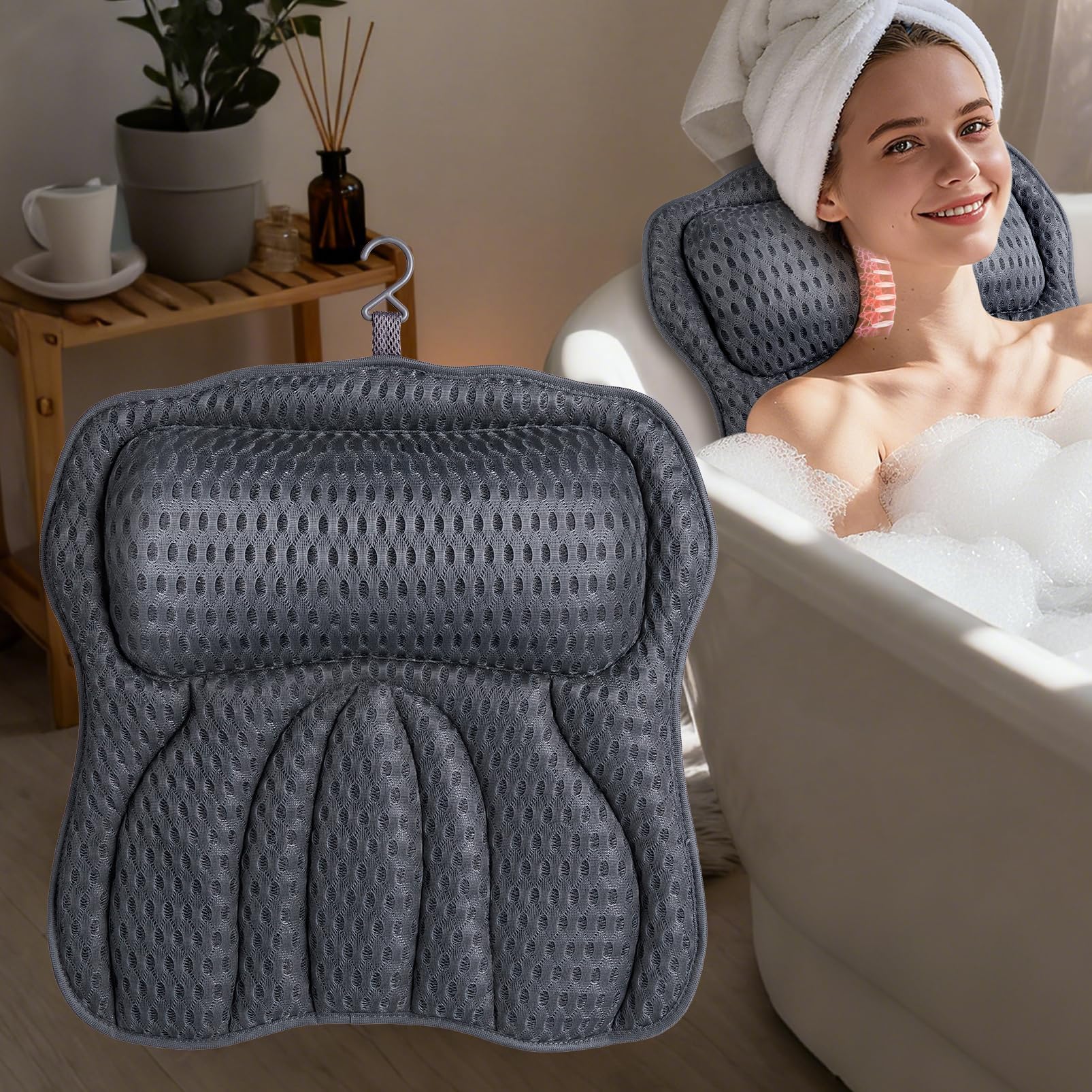 AOPOW Ergonomisches Luxus-Badekissen - 4D Air Mesh Bequemes Badewannenkissen mit Kopf-, Nacken-, Schulter- und Rückenstütze Wasserdichtes Spa-Kissen für Damen und Herren, Geschenke, 6 rutschfeste