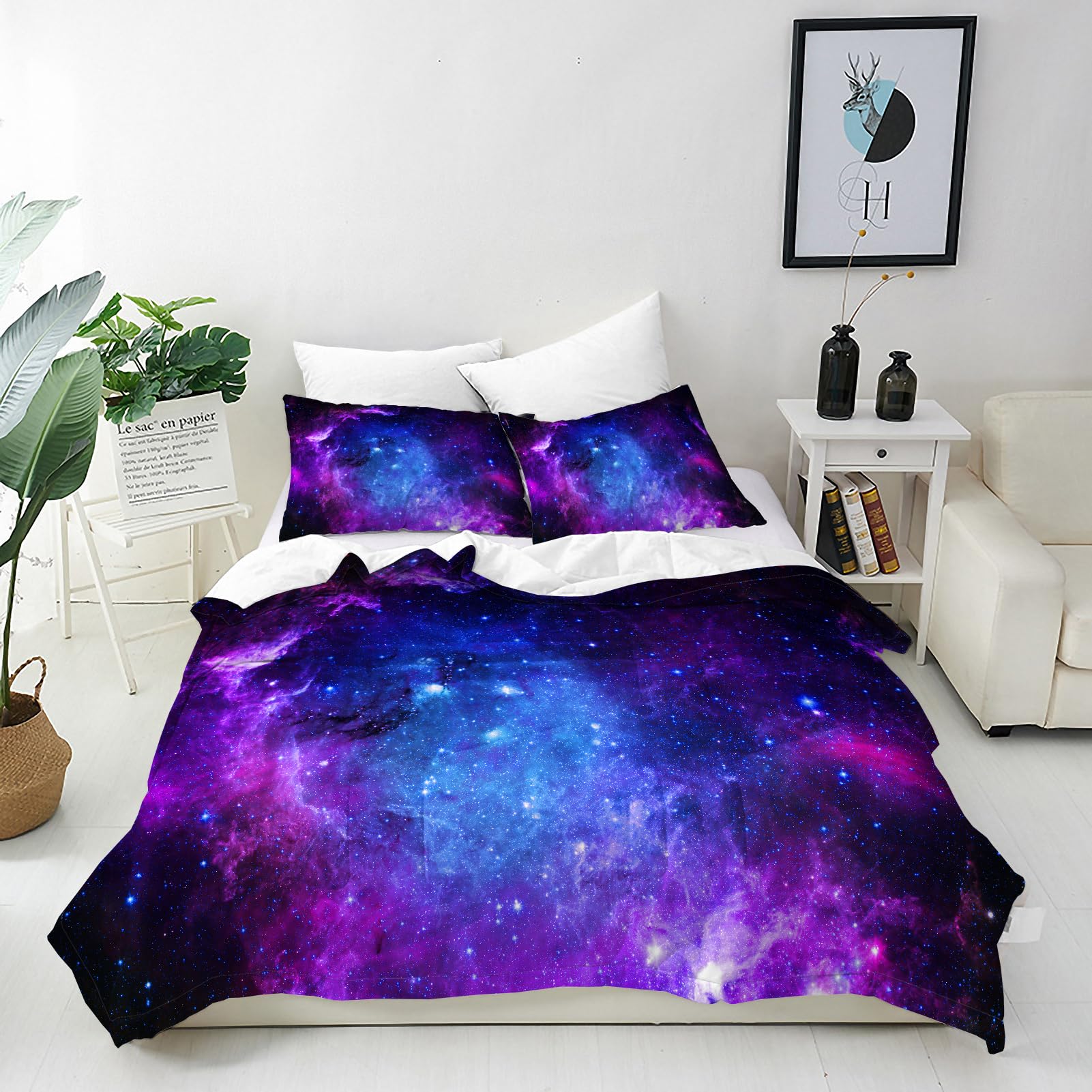 ANHOPE Galaxy Duvet Cover Set Soft Comforter Cover Space Purple Nebula Print Pattern 3 Piece Bedding Set including Pillowcase All Season Decorative Quilt Cover with Zipper for Kids Adults Single