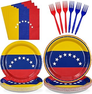 96 Pcs Venezuela Flag Party Decorations Disposable Venezuelan Flag Paper Plates and Napkins Venezuela National Tableware Set for Country Decoration Patriotic Festival Party Supplies, Serves 24