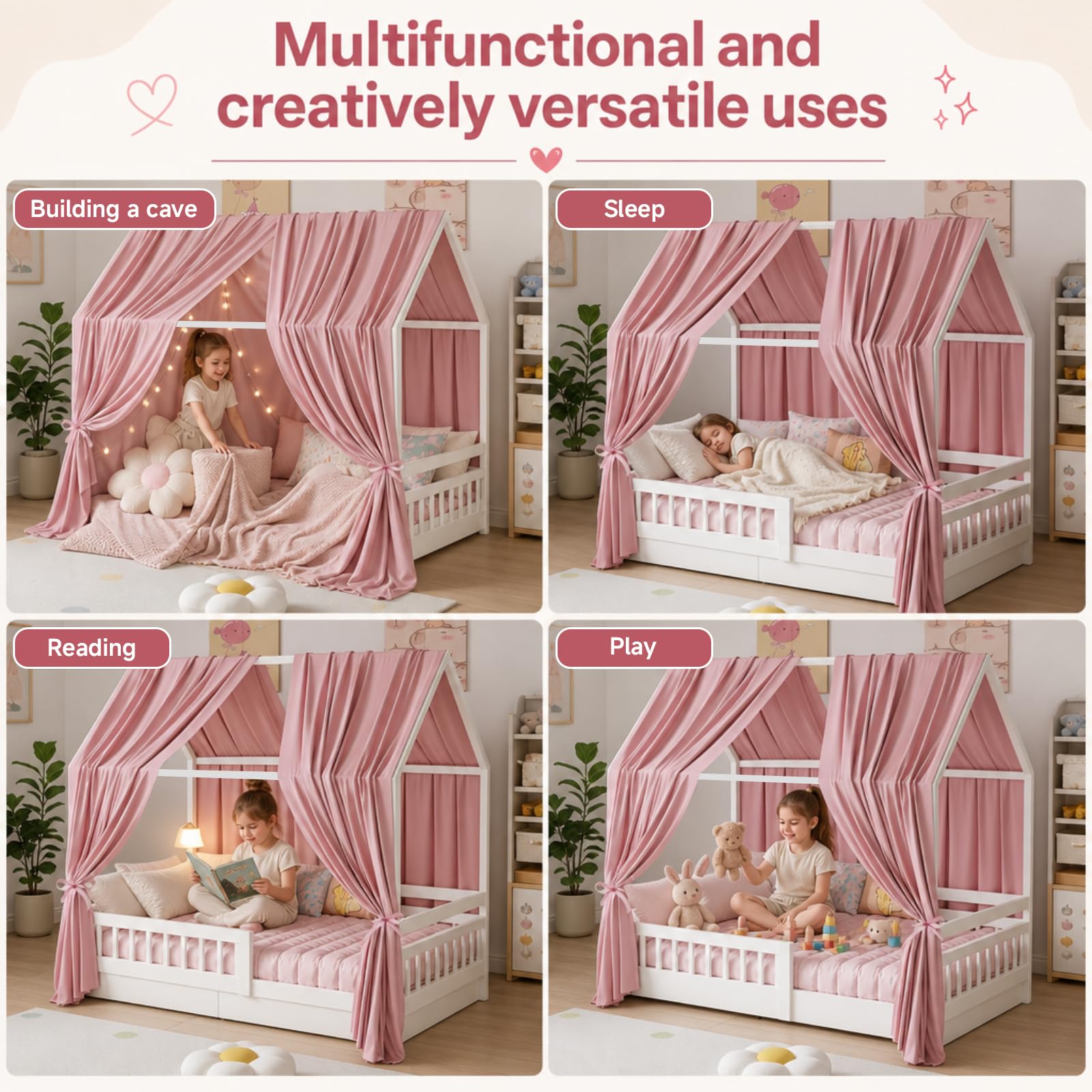 Betthimmel Hausbett aus Musselin 135x350cm Rosa 2er Pack