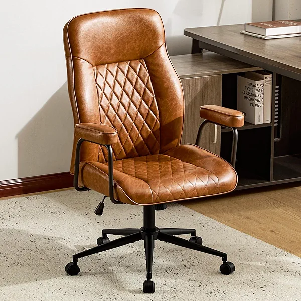 Furnistyle Leather Home Office Desk Chairs, Comfy Office Chair, Mid Century Modern Office Chair with Lumbar Support, Mid-Back Adjustable Swivel Computer Chair with Wheels and Arms, Brown