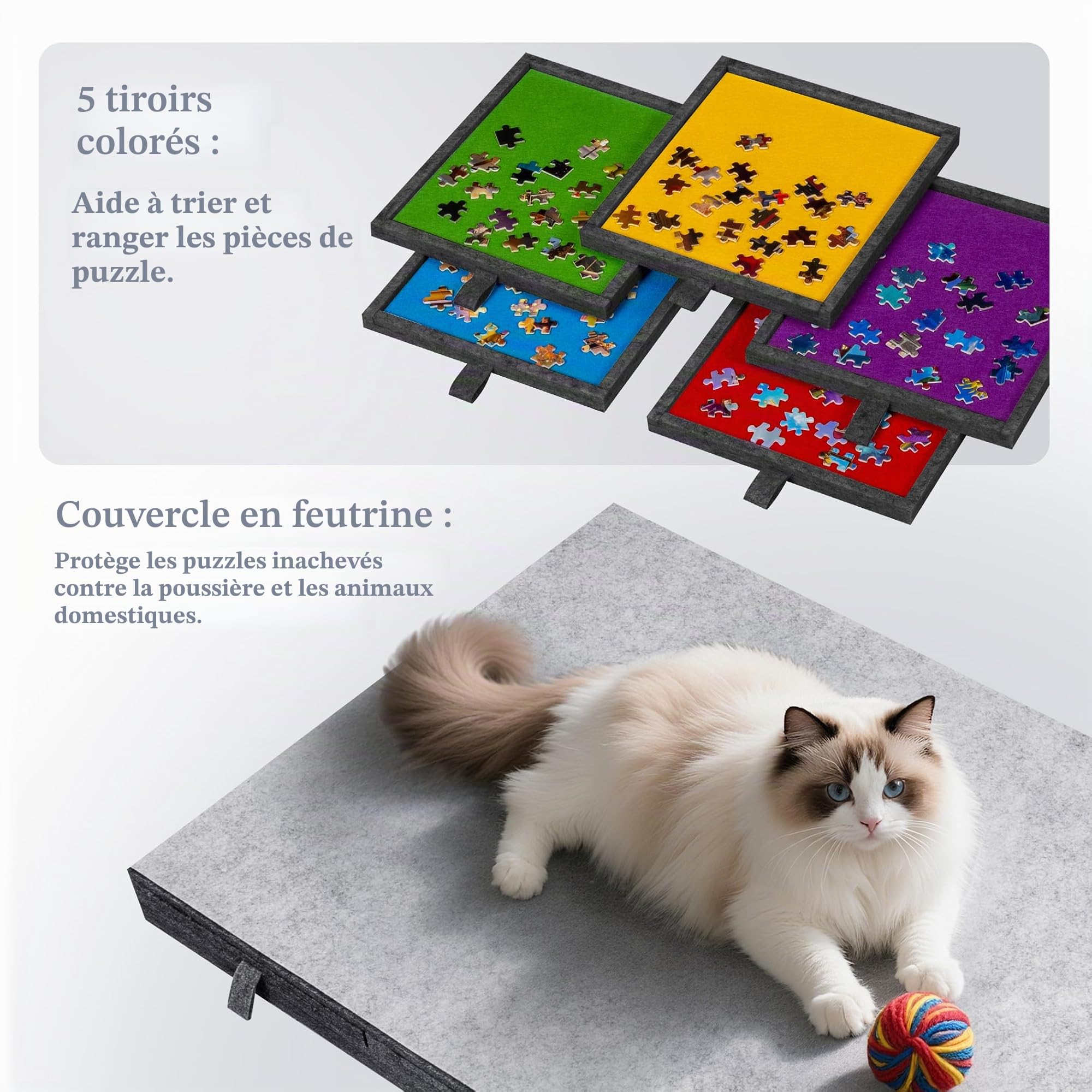 Planche à puzzle de 1000 pièces avec 5 tiroirs colorés et couvercle, table de puzzle avec pieds pliables pour adultes, légère et portable, pour puzzles de 1000 pièces, gris