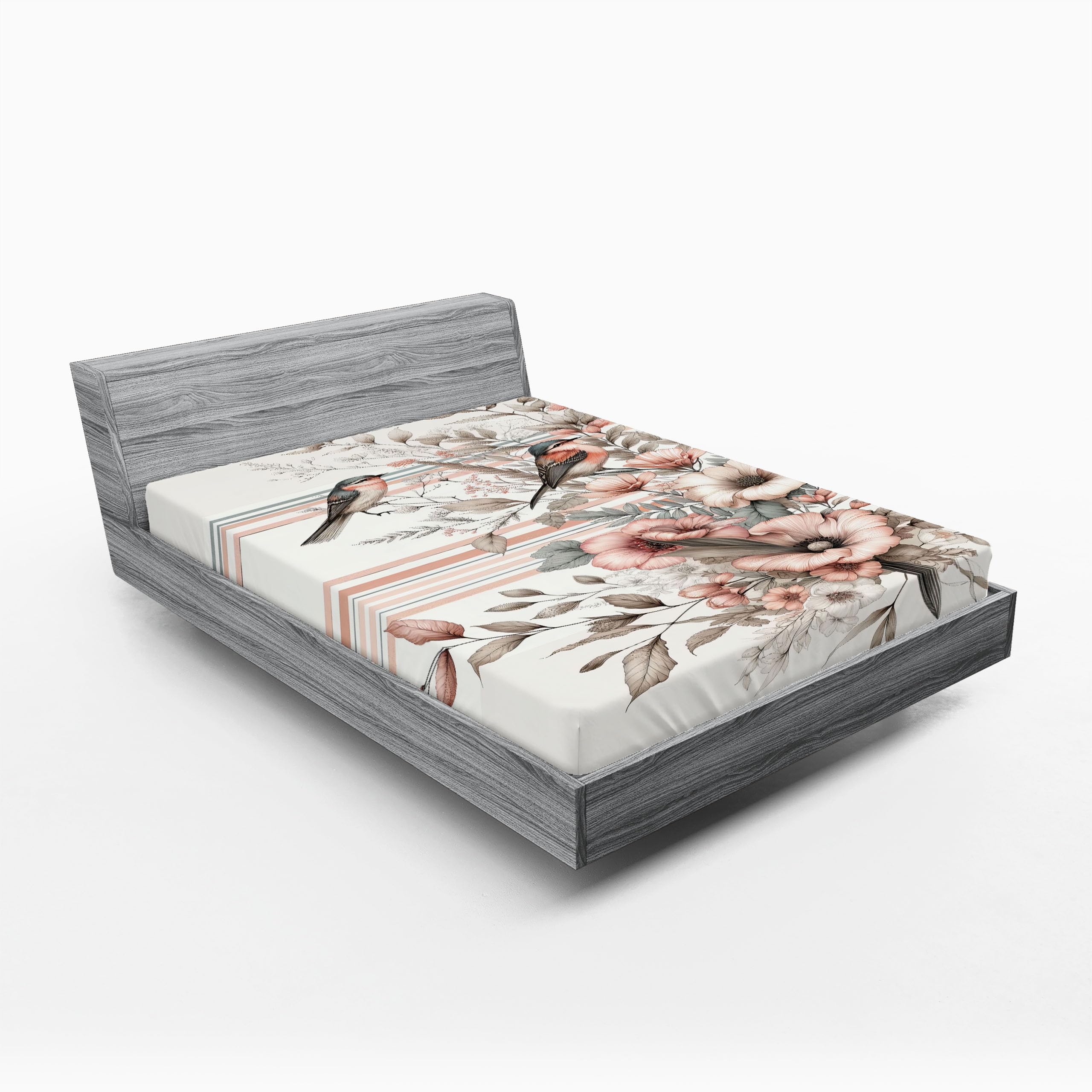 Ambesonne Floral Art 2 Pack Fitted Sheet, Farmhouse Flowers Birds, Bed Cover All-Round Elastic Deep Pockets 2 Pieces, Package Contains 2 Full Size Fitted Sheets, Blush Pale Reseda Green