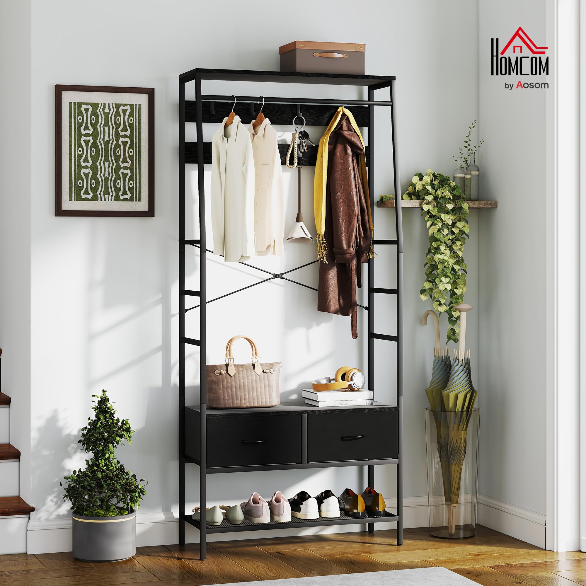 HOMCOM Porte-manteau Vestiaire 2 Tiroirs en Tissu 80 x 30 x 180,5 cm Noir