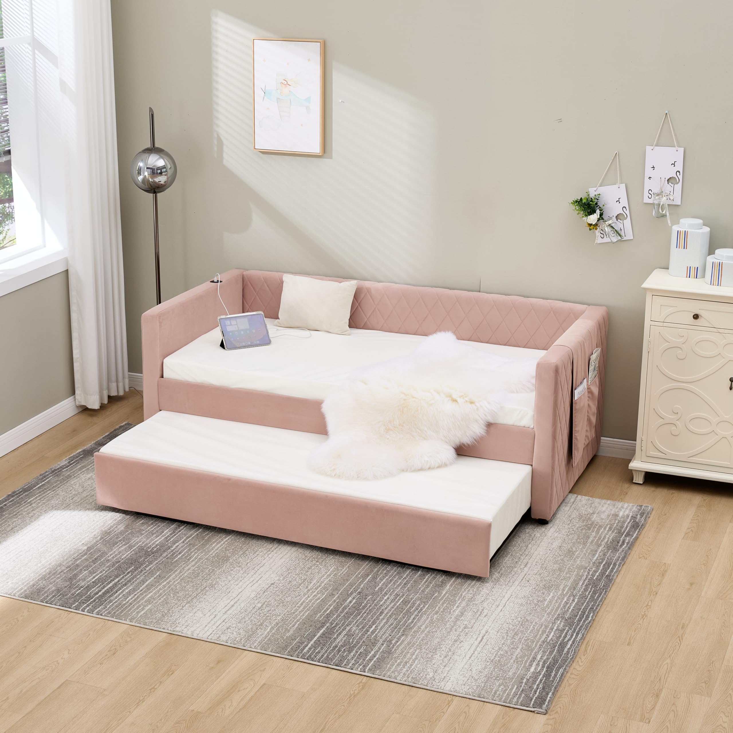 KEIKI Velvet Twin Daybed with Pull-Out Trundle, Solid Wood Frame with USB, Modern Diamond Grid Upholstered Sofa Bed, Space-Saving Multi-Functional Bed