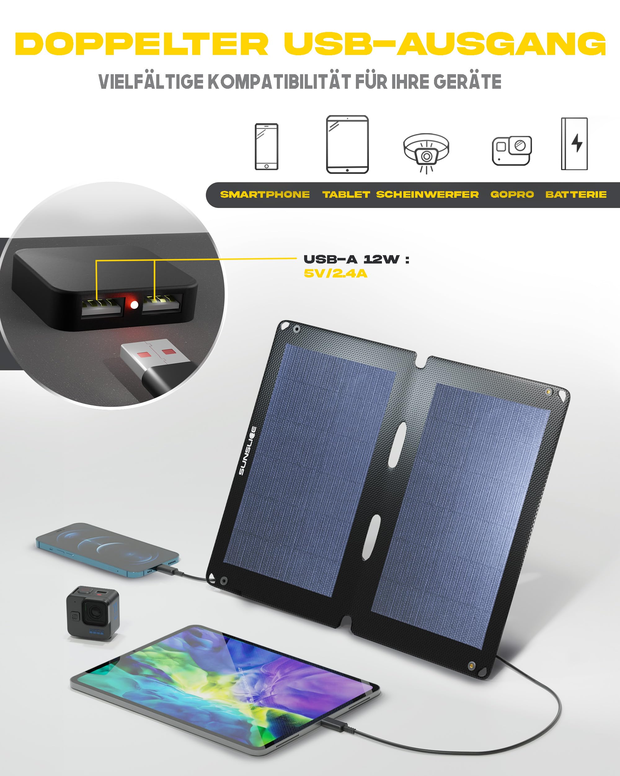 Solar Charger Outdoor, Solarmodul flexibel, Solaranlage Camping, Solar Charger wasserdicht mit leistungsstarker 12W Ladekapazität, 2 x USB Anschluss, Black
