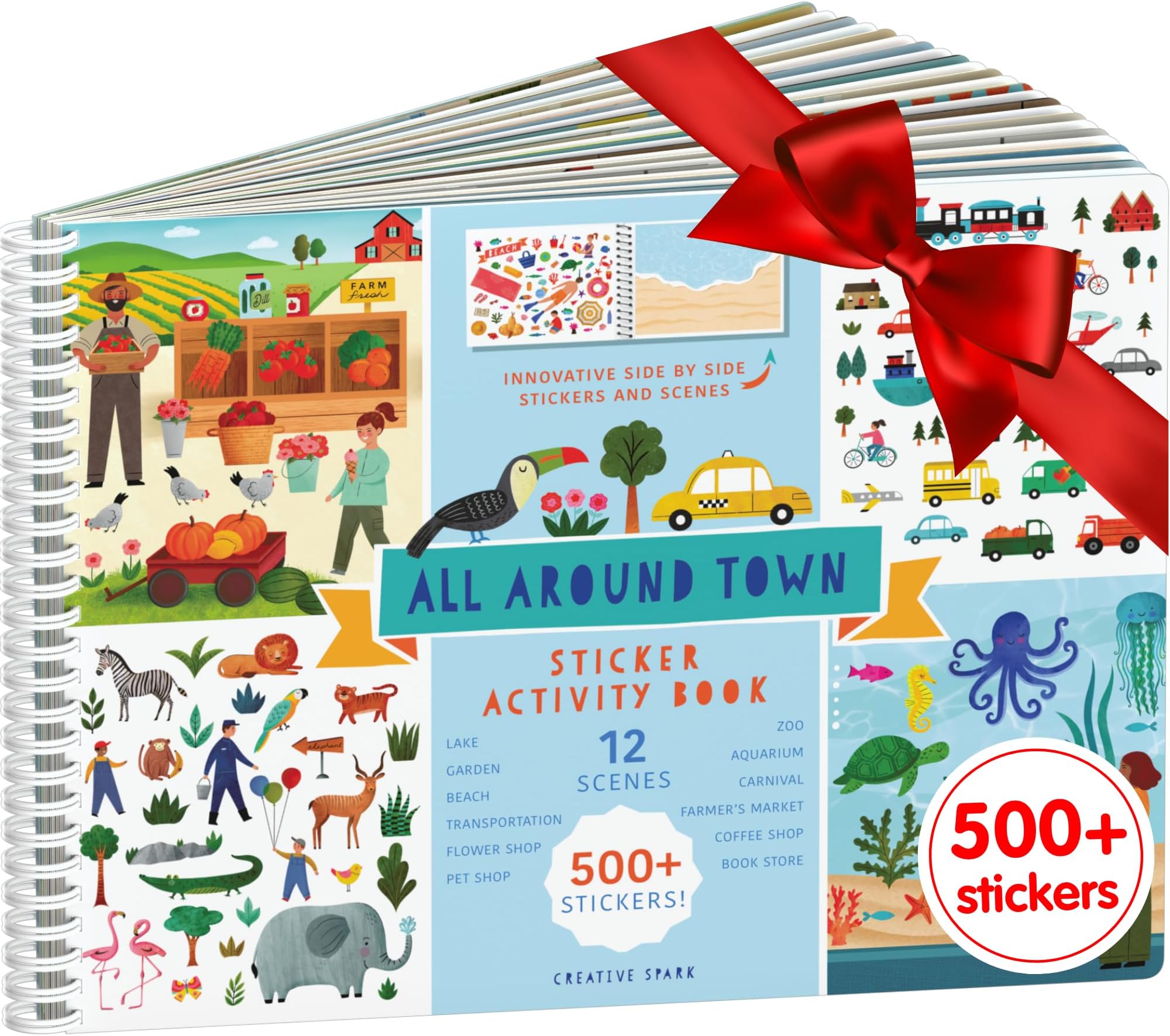 CUPKIN All Around Town Activity Book, Innovative Side by Side Sticker Book - Ring Bindings That Lay Flat - Over 500 Stickers and 12 Scenes - Fun Activity Book for Boys and Girls Ages 2+ Blue