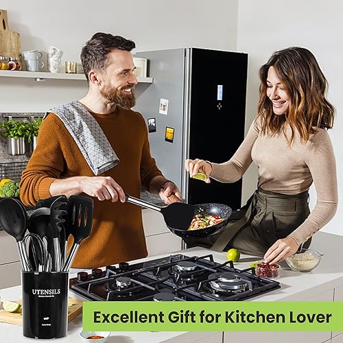 Miniatura 6 de Juego de utensilios de cocina grandes, juego de 35 utensilios de cocina con soporte, juego de espátulas de silicona con mango de acero inoxidable,