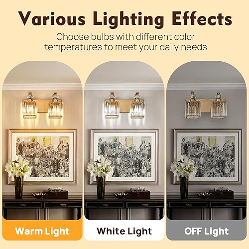 Miniatura 2 de Moderna lámpara de tocador de baño, 2 luces doradas para baño, aplique de pared de cristal de 12.6 pulgadas para bañodormitoriotocador, incluye