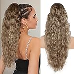 26 inch Drawstring Ponytail Extension for Women, Wavy Pony Tails Hair Extensions, Synthetic Hair Extensions Ponytail for Daily Use (Color: Ash Brown Mixed Beige Blonde)