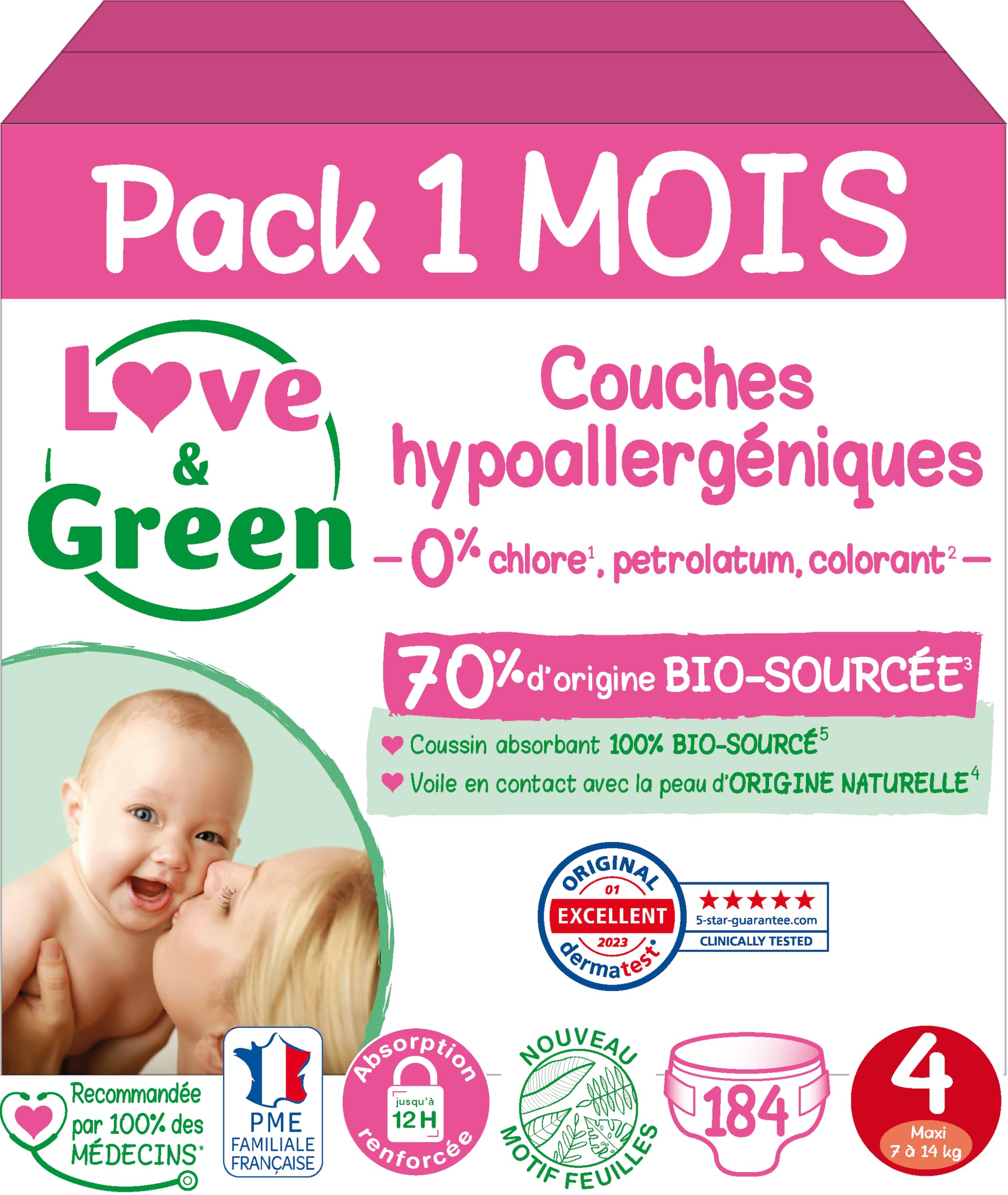 Love & Green - Couches Bébé Saines et Ecologiques - Taille 4 (7-14 Kg) - Pack 1 Mois (184 Couches) - Absorbante, anti-fuites et sans ingrédients indésirables - 1