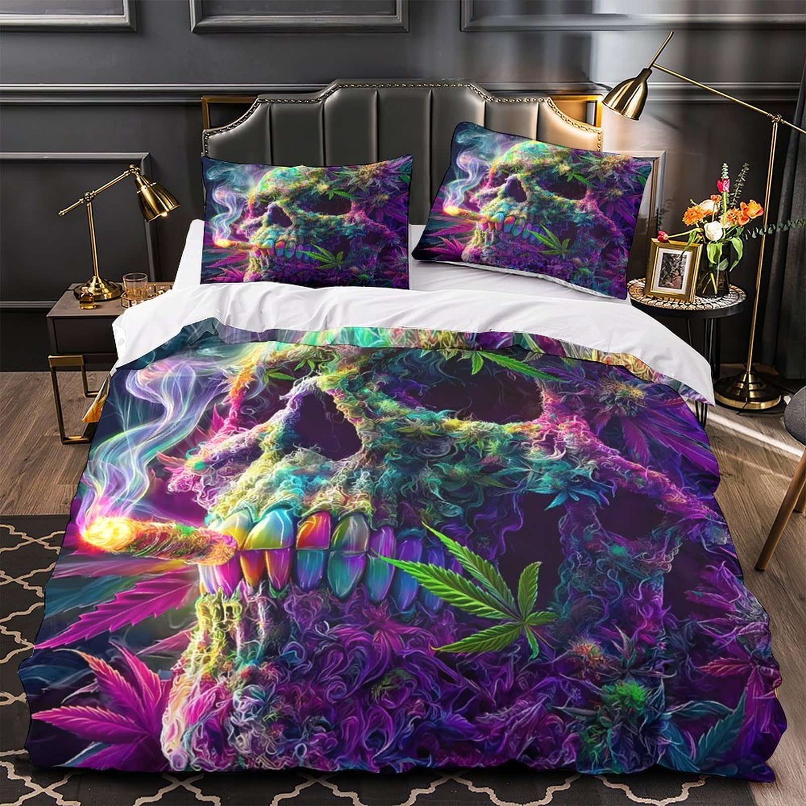 Housse de couette crâne psychédélique 135x200 microfibre pour lit single
