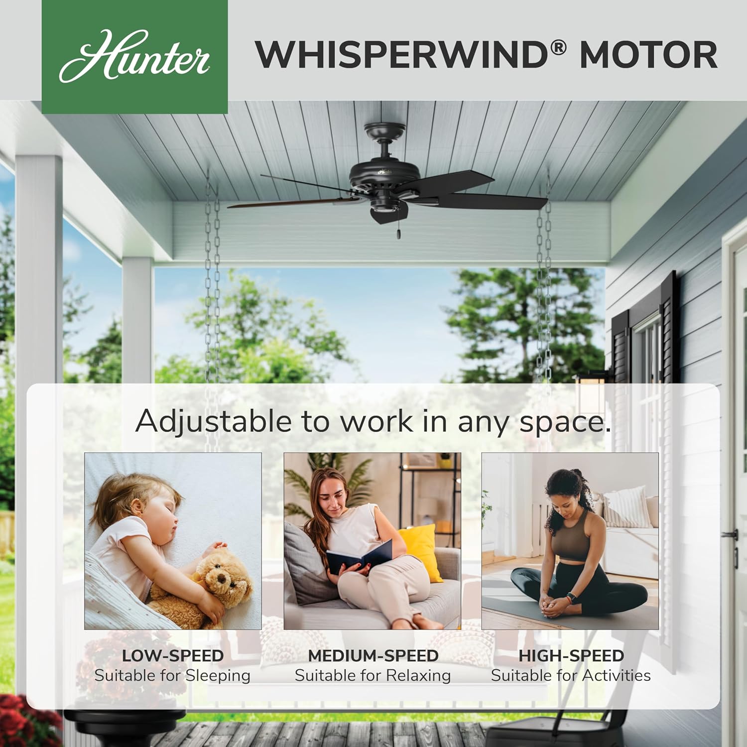 Hunter 52 inch Outdoor or Indoor Ceiling Fan No Light - Black Ceiling Fan without Light, For Patio, Porch, Garage, or Living Room, Standard Mount, 5 Blades, Pull Chain - Newsome 53324, Matte Black