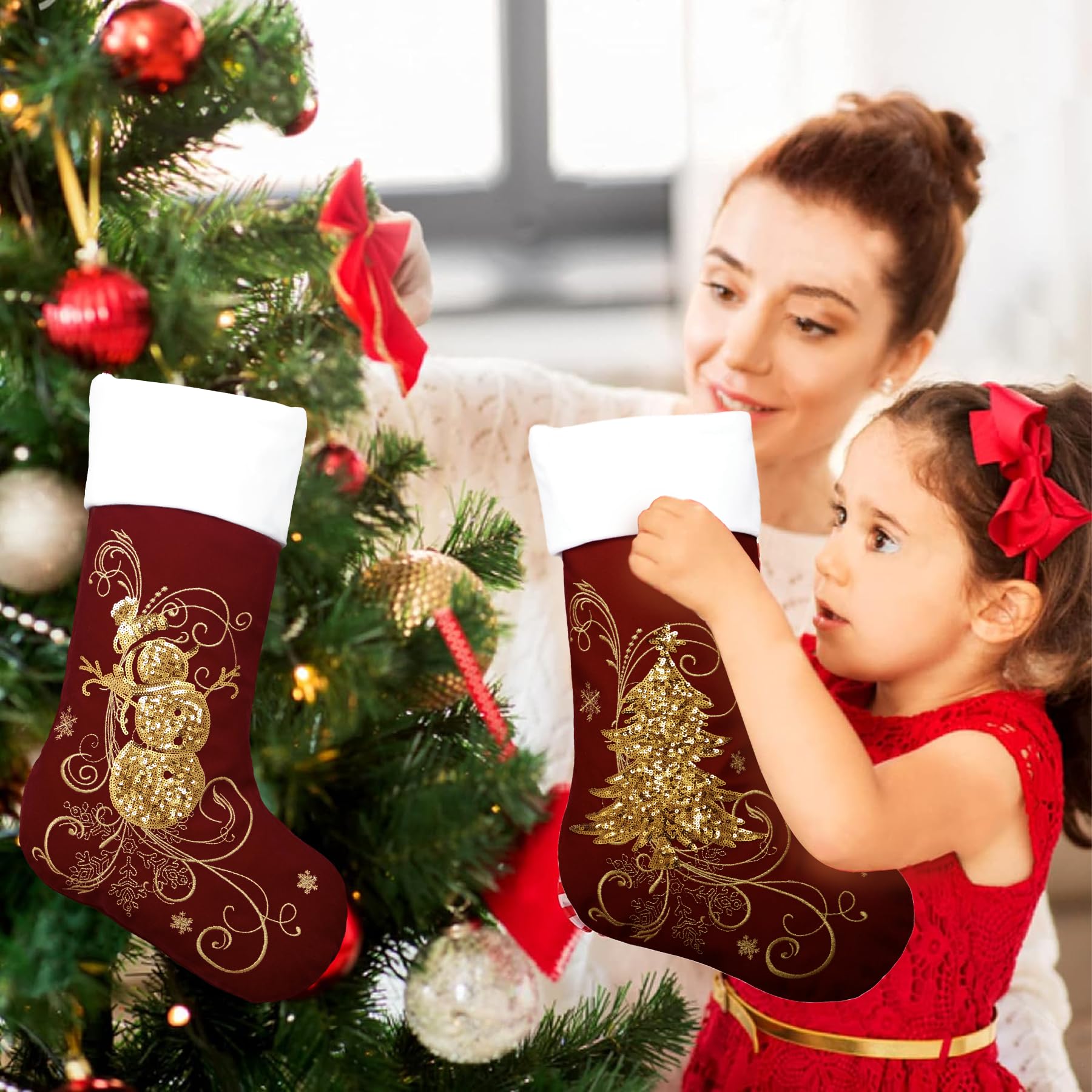 Roycraft Weihnachtsstrümpfe, 5 Stück, Samt, Gold, 48,3 cm, rote Pailletten, Weihnachtsstrümpfe, Kamin, hängende Ornamente, für Familiendekorationen, Urlaub