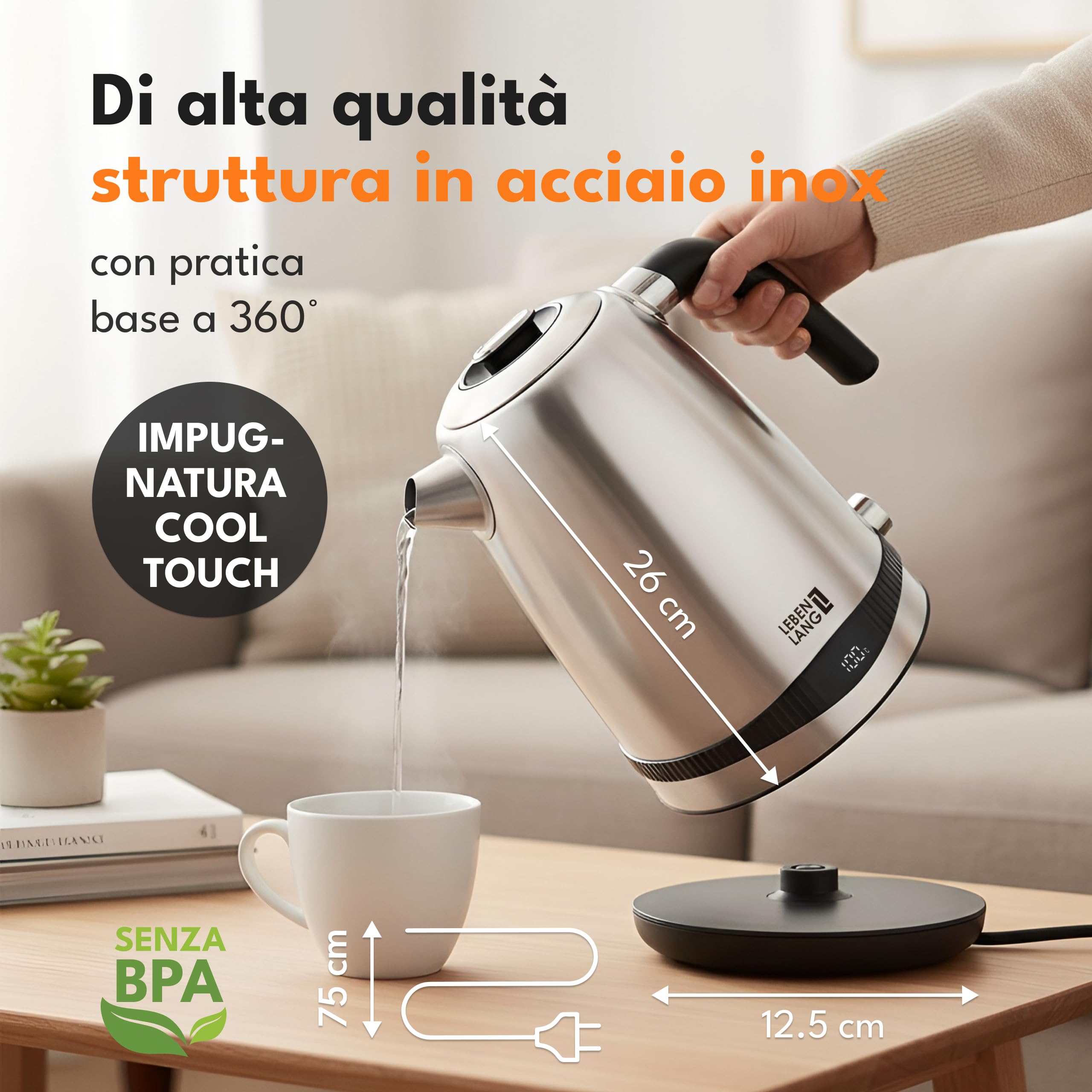 LEBENLANG Bollitore acqua elettrico acciaio inossidabile - 1,7 Litri & 2200W bollitore elettrico temperatura regolabile | silenzioso e con display | Bollitore Elettrico | Retro senza plastica | 2200W bollitore elettrico temperatura regolabile I silenzioso