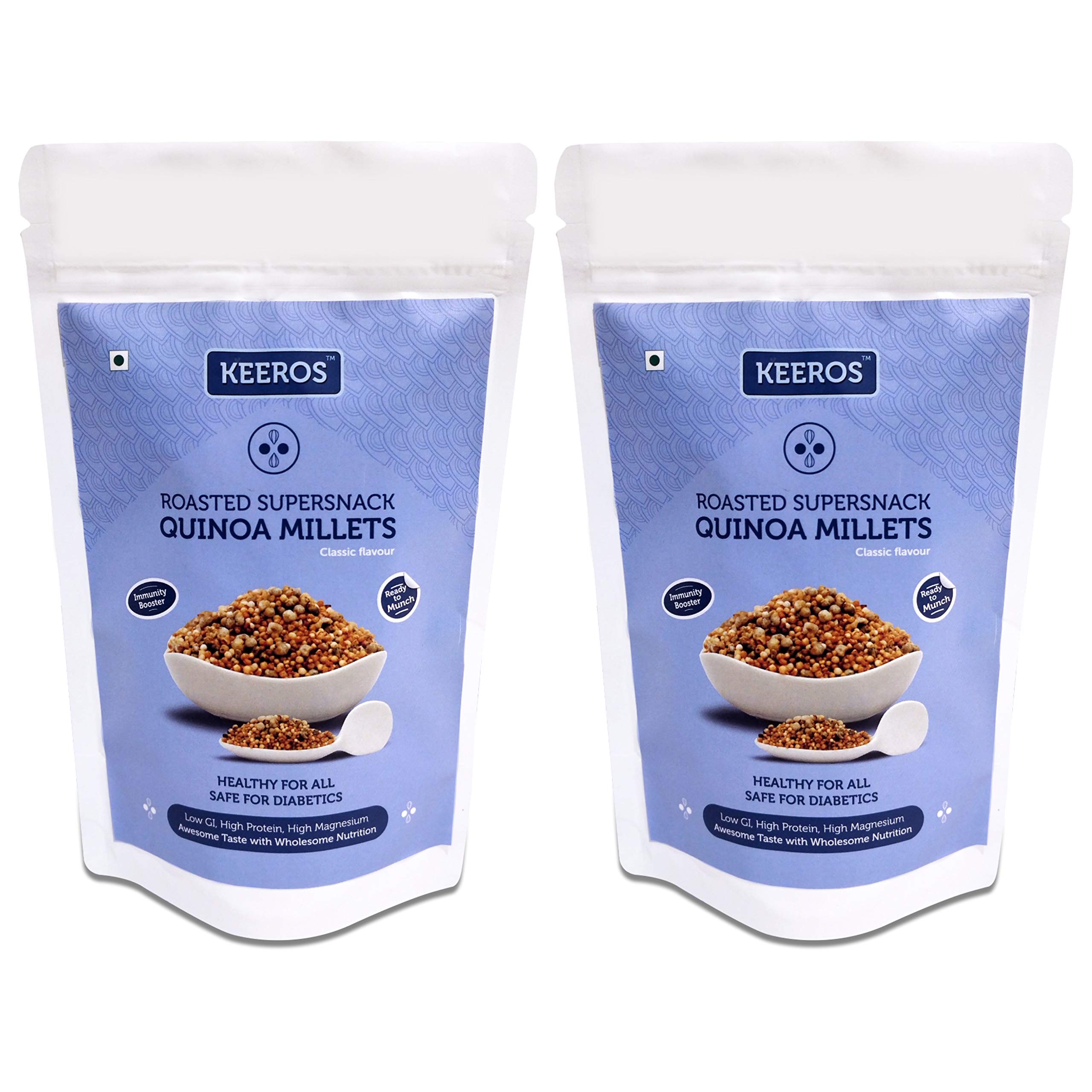 Keeros Quinoa Millets Healthy Sugar Free Snacks | Low GI Low Calorie | Gluten Free Diabetic Snacks and Namkeen | Ready to Eat Tangy& Crunchy Mix of Roasted Quinoa Puffs & Pearl Millets |Pack of 2x100g