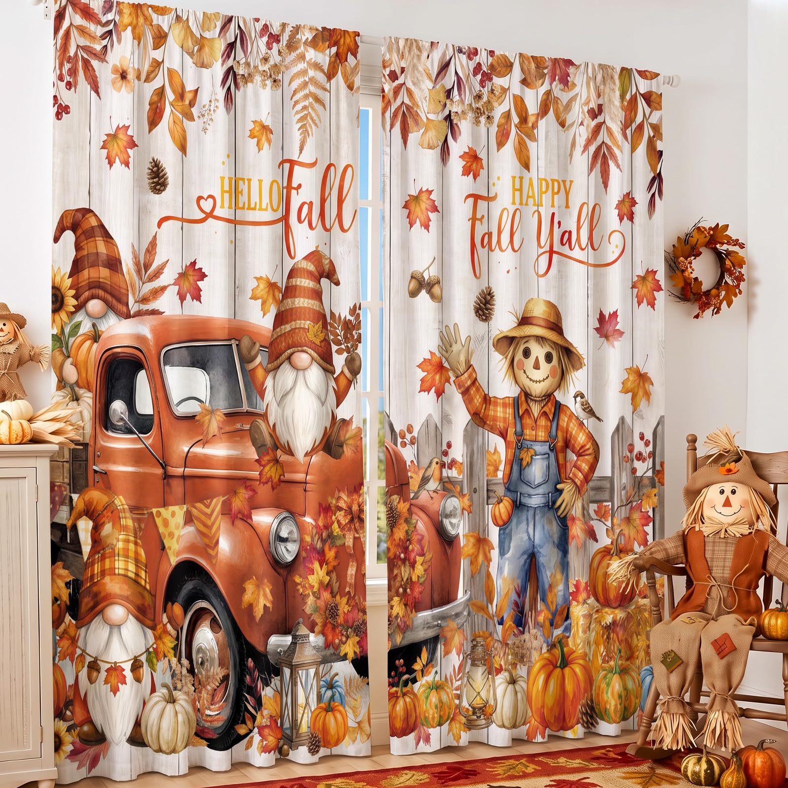 SmoothNovelty 2 Pcs Fall Curtains for Living Room Scarecrow Gnome Pumpkin