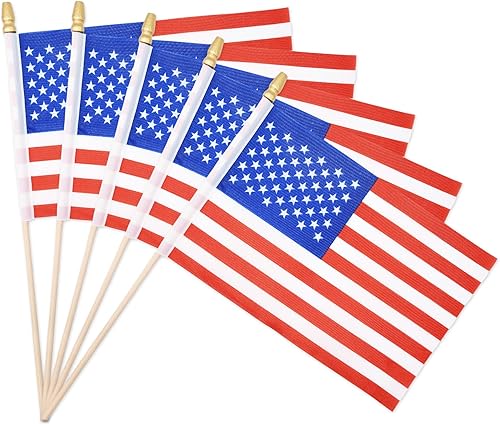 Paquete de 20 banderas pequeñas de Estados Unidos de 5 x 8 pulgadas, mini banderas de mano de Estados Unidos con palos de madera para celebración Paquete de 20 banderas pequeñas de Estados Unidos de 5 x 8 pulgadas, mini banderas de mano de Estados Unidos con palos de madera para celebración
