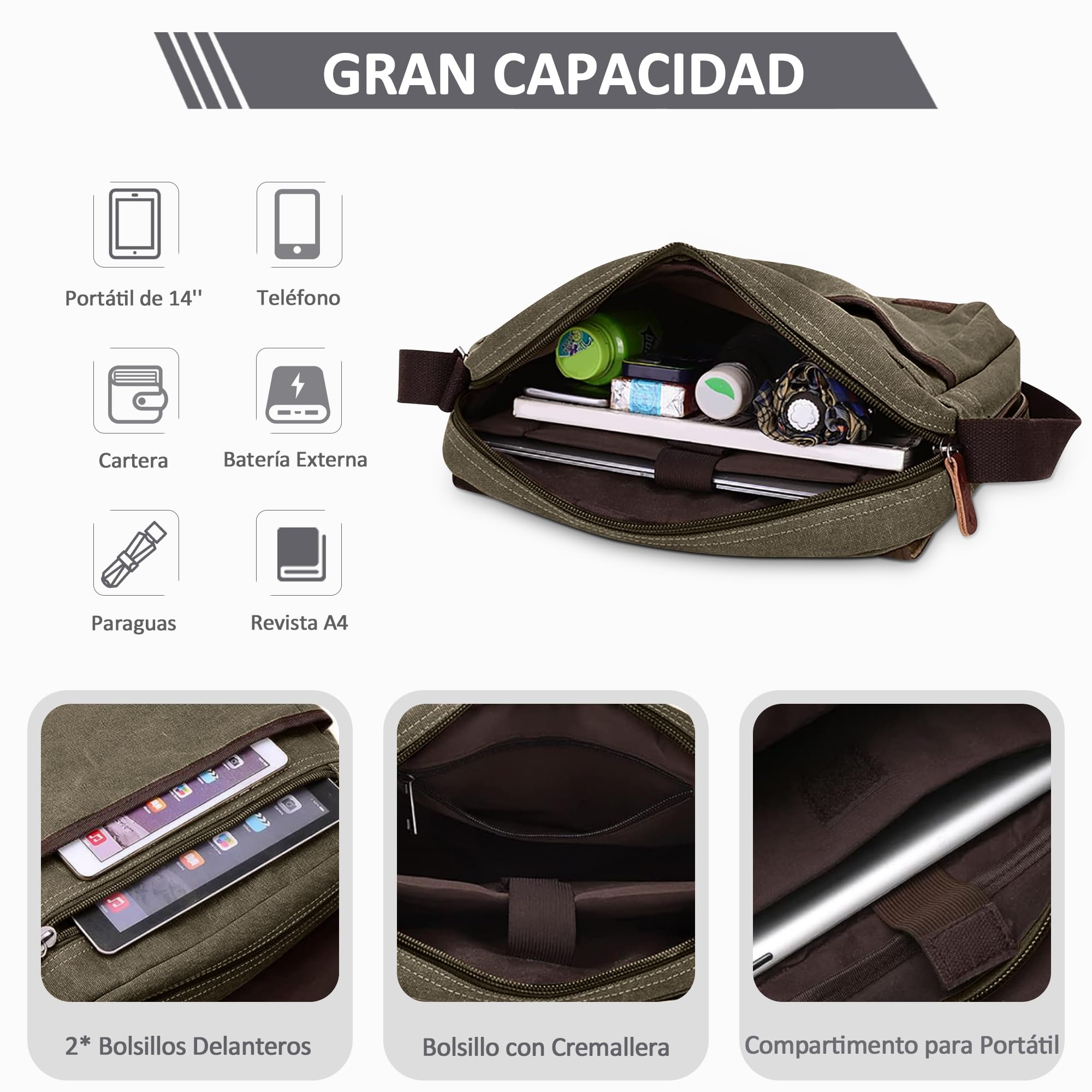 Bolso de Bandolera Hombres Bolsa de Hombro para 13.3 Pulgadas Portátil Viaje Escolares Causal Trabajo Montañismo Cruzados Bolsa de Ordenador Hombres Lona Messenger Bag Verde