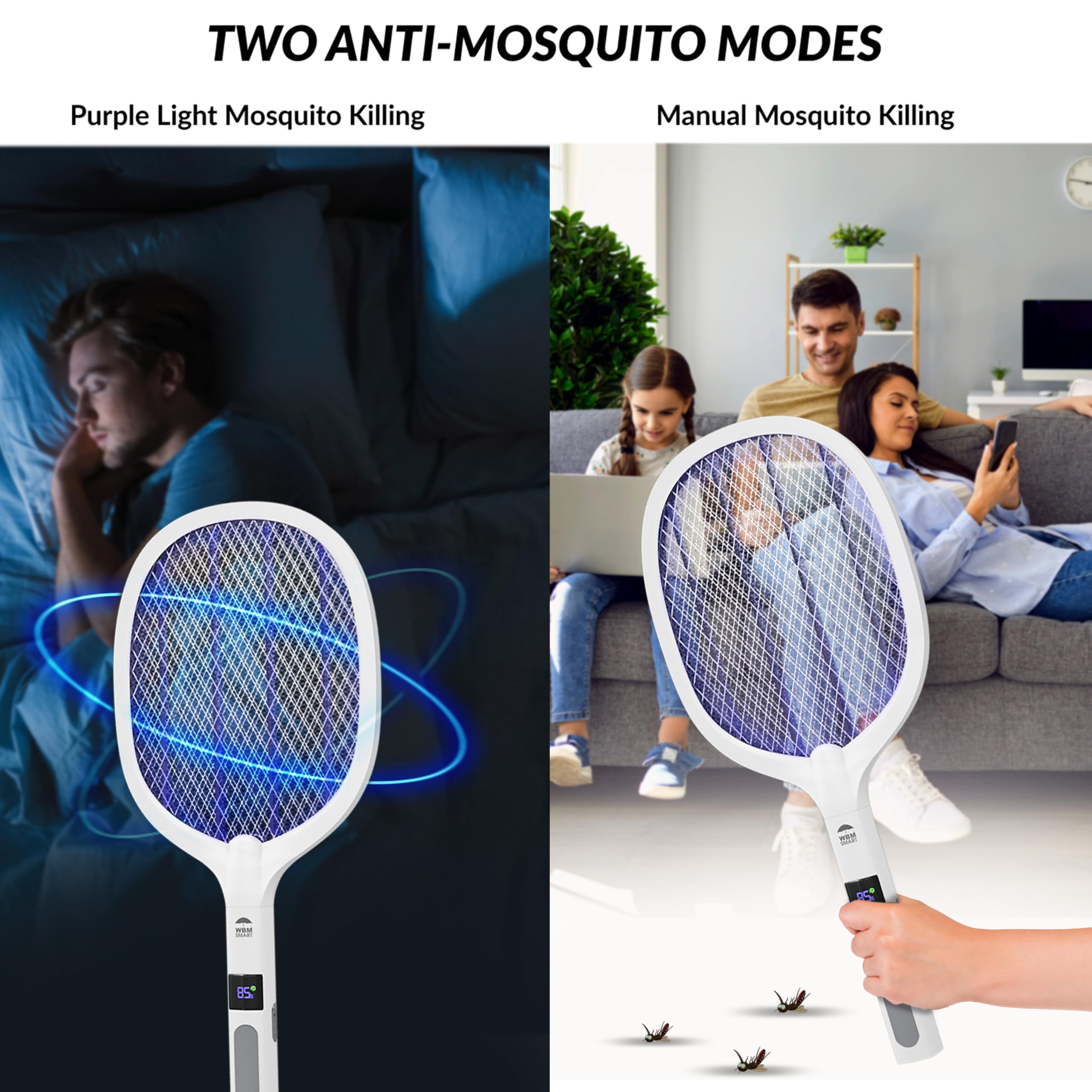 WBM SMART 2 in 1 Elektrischer Insektenvernichter, Mückenfalle Lampe & Schläger, USB Wiederaufladbare Elektrische Fliegenklatsche für Zuhause und Draußen, Leistungsstarkes Gitter, 3-lagiges