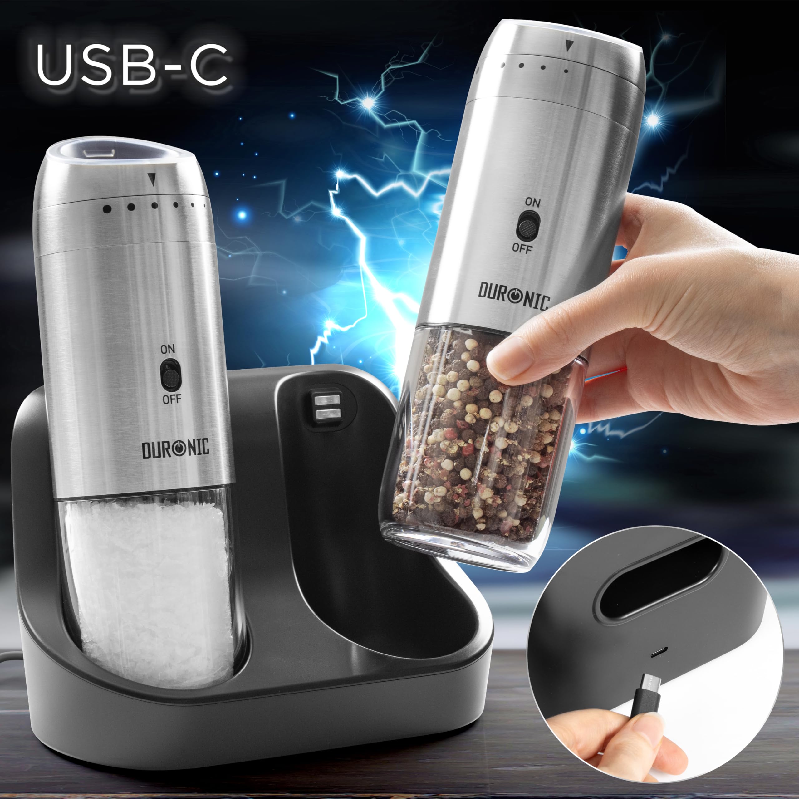 Duronic EMU3 Set 2 Macinapepe Elettrici, Ricaricabili USB C con Base, Macinasale Automatico a senza pulsanti, 150 ml Macina Spezie Regolabile, Luce LED Macinini Sale Pepe Portatile