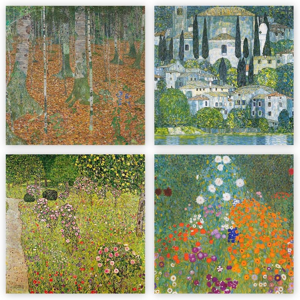 Mixed pack of blank greeting cards and envelopes, 12 note cards 4 different Gustav Klimt designs, blank greeting inside notelet and envelope sets. (14x14cm)