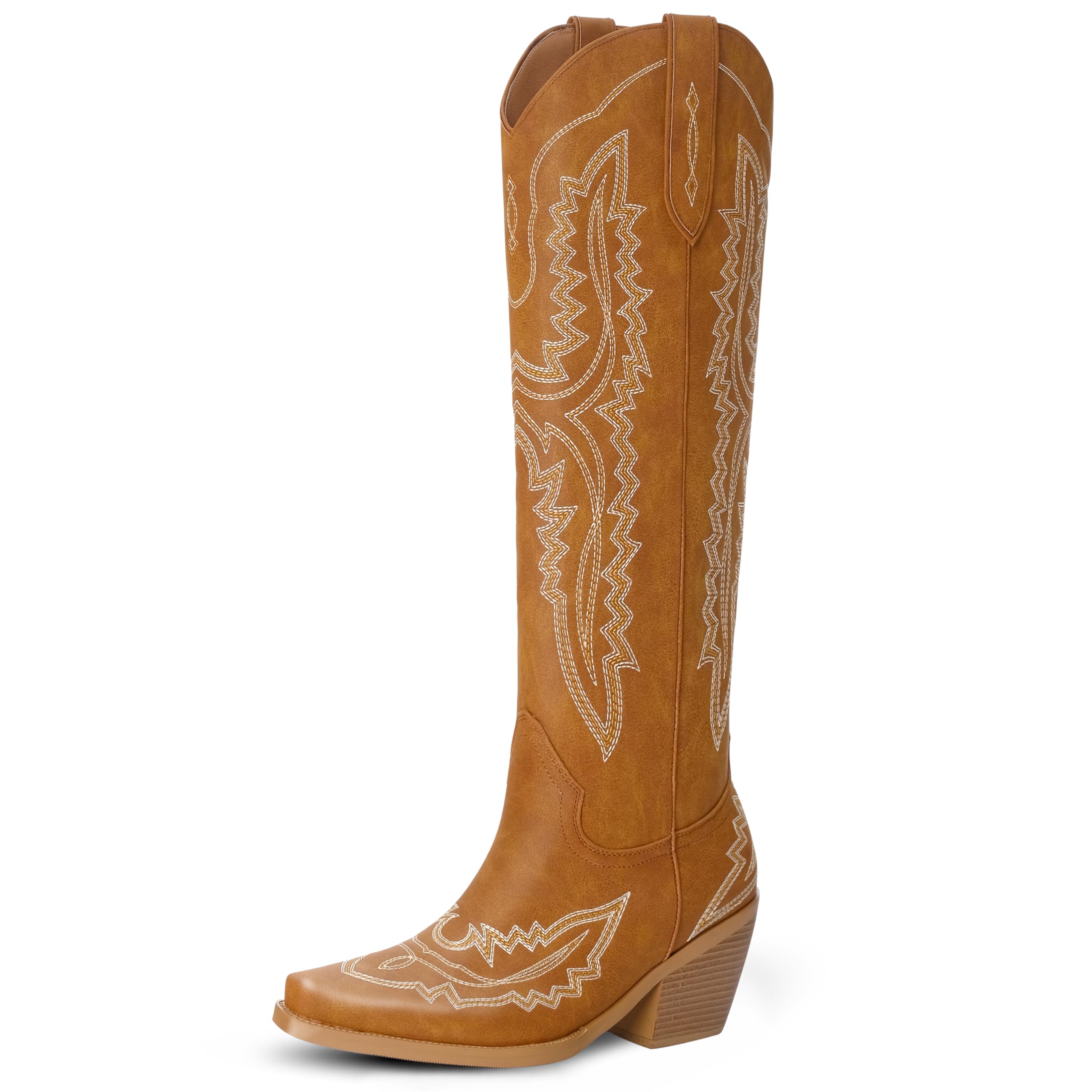 Cowboy Boots for Women Knee High Cowgirl Boots Women with Pointed Toe Block Heel Embroidery Western Boots Tall