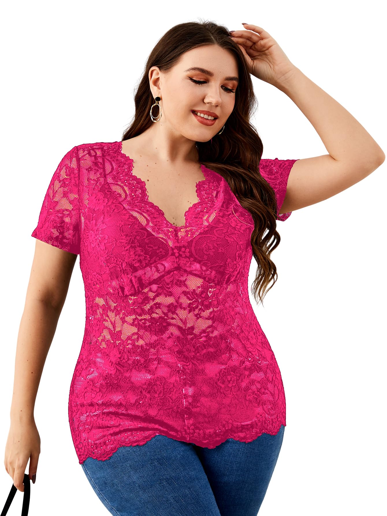 OYOANGLE Women's Plus Size Short Sleeve Floral Lace Blouse Mesh V Neck Slim Tee Shirt Top
