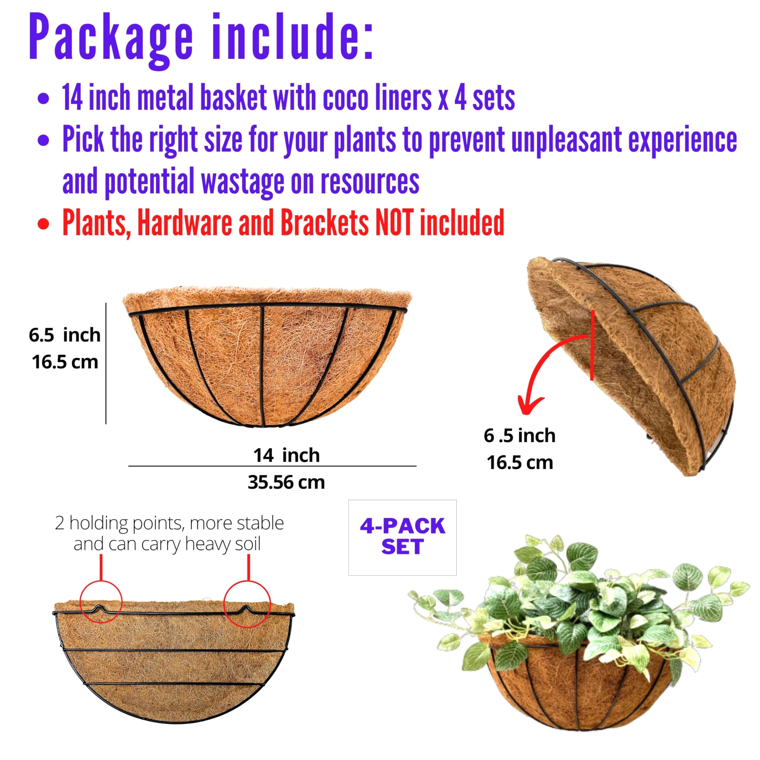 LaLaGreen Lot De 6 Pots De Fleurs Muraux à Suspendre Avec Doublure En Fibre De Coco, Support De Plante En Fil De Fer Métallique Pour Extérieur, Fenêtre, Herbes, Extérieur, Clôture, Terrasse, Porche