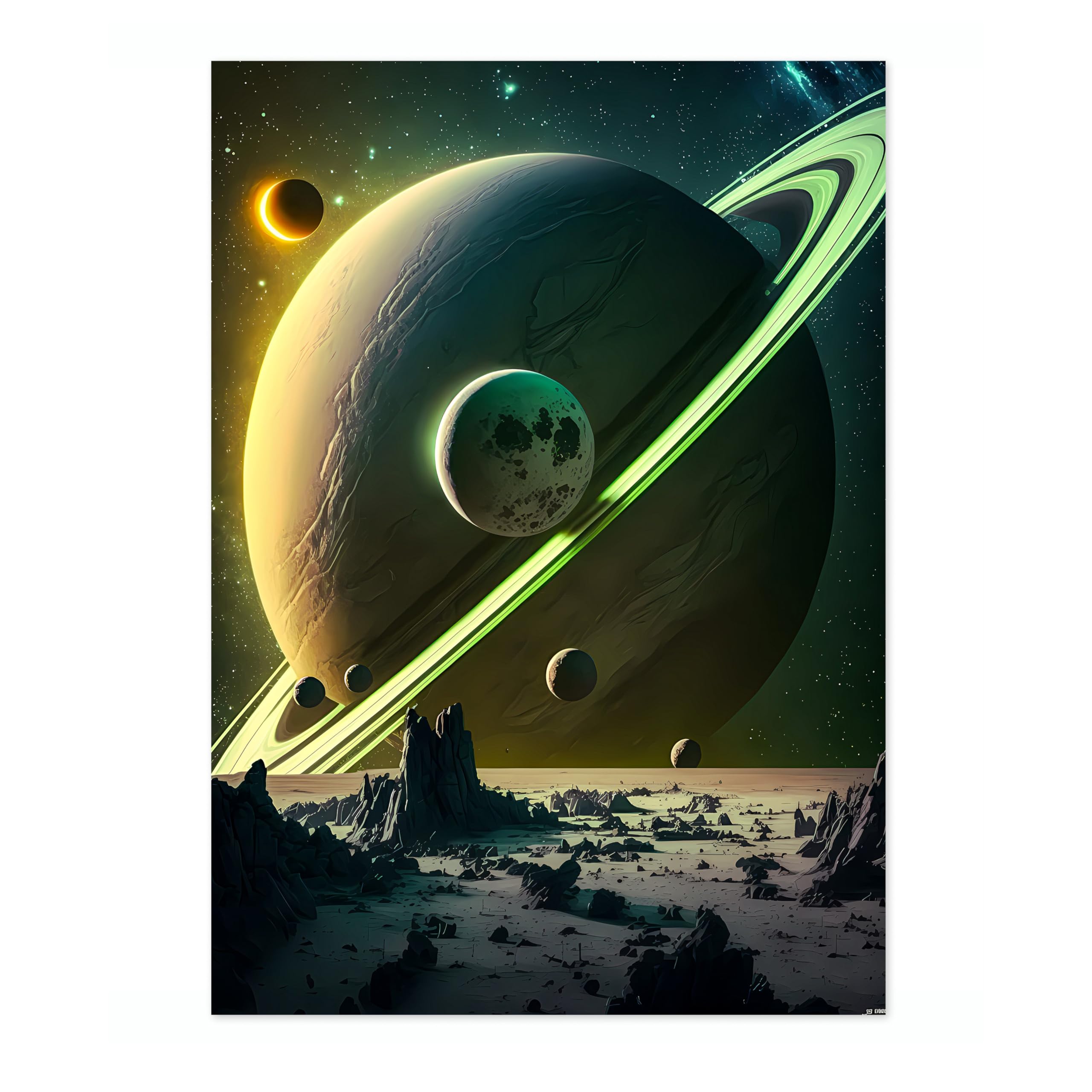 Sunrise On Saturn Space Poster, Colourful Abstract Astronomy Wall Art Home Decor, Astronaut Planets Print, Archival Matte, A2 (Print Only) - 59.4x42cm — image 1