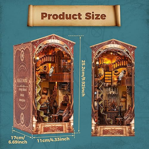 Miniatura 5 de Sujetalibros de madera 3D, kit de rincón de libros para bricolaje, kit de construcción de casa de libro mágico, decoración con sensor de luz,