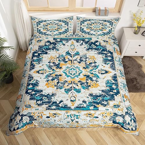 Erosebridal Juego de ropa de cama bohemio tamaño King, funda de edredón con mandala azul turquesa para hombres y mujeres, funda de edredón retro