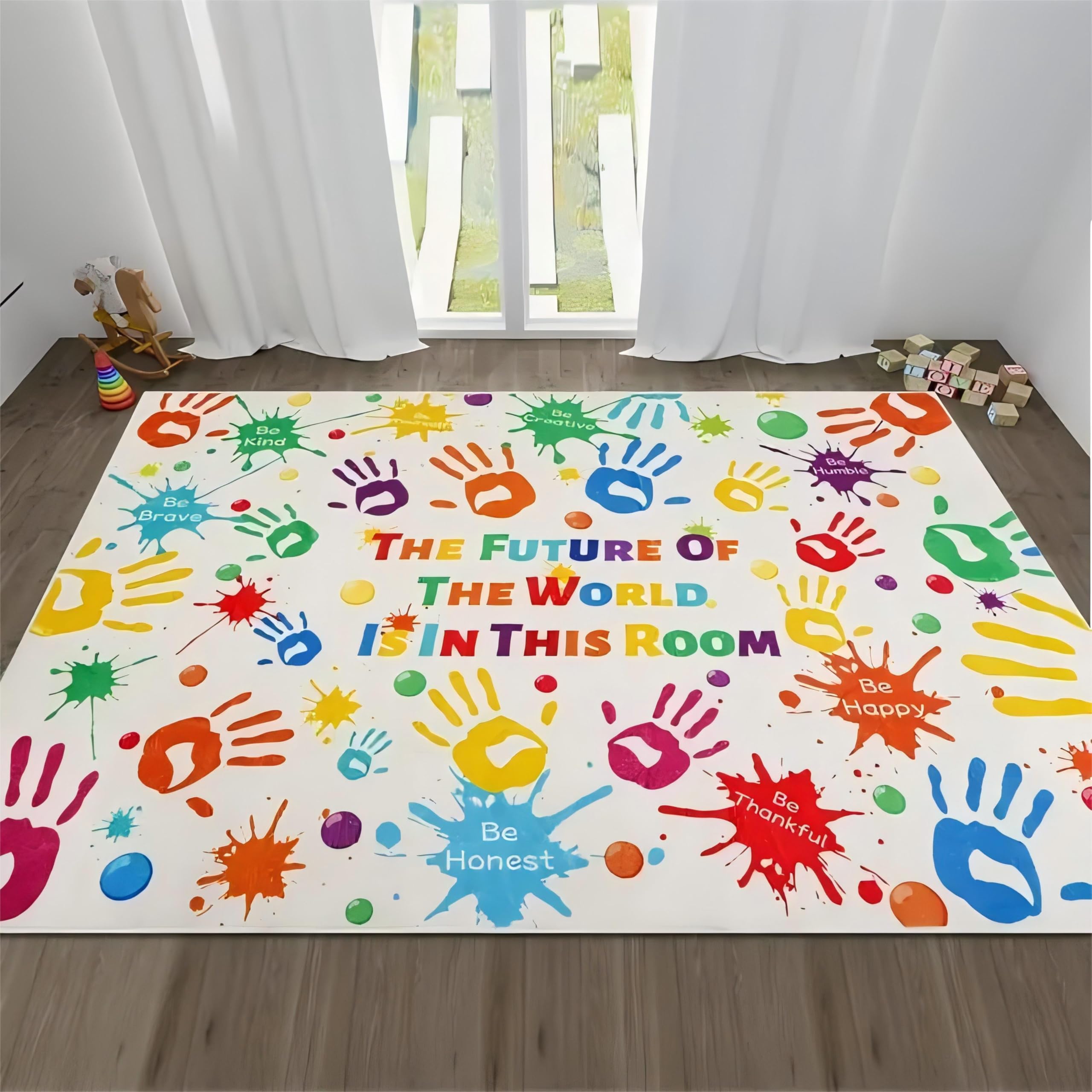 SOJAWA Colorful Area Rug, 180x260cm The Future of The World is in This Room Letter Print Rug, Blue Yellow Red Handprint Pattern Floor Mat, for Bedroom Office Dormitory Apartment Carpet