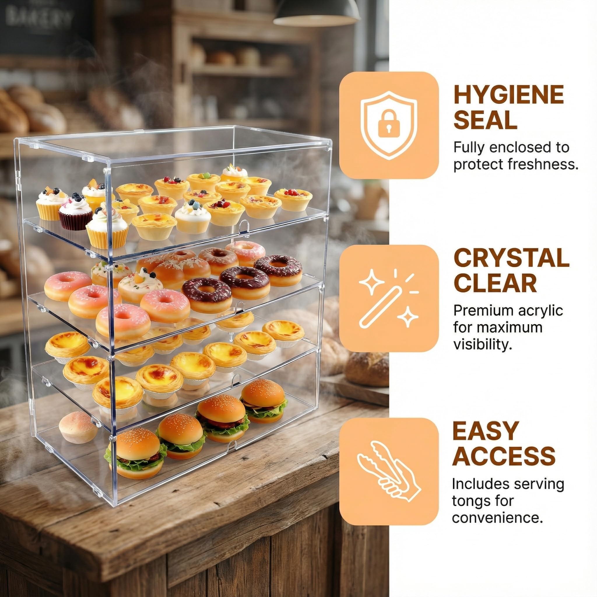 Espositore trasparente a 4 ripiani per pasticceria, vetrina per pasticceria, 49,5 x 52 x 26 cm, per feste, dessert, torte e pane, 5 mm, pannello PETG ad alto impatto
