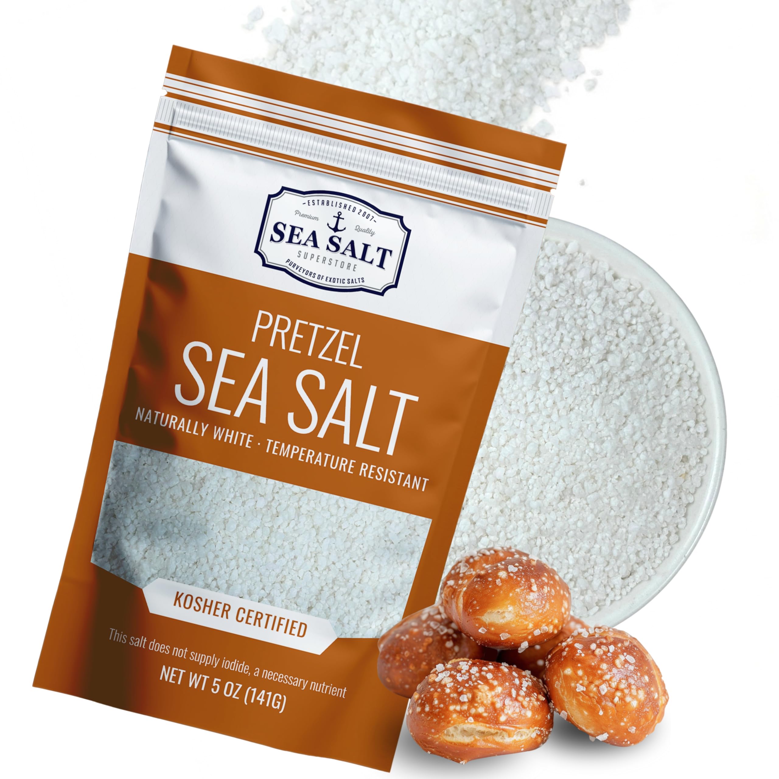 Pretzel Coarse Sea Salt for Soft Pretzels, Heat Resistant Bagel and Soft Pretzel Salt, All Natural for Baking, 5 oz Bag