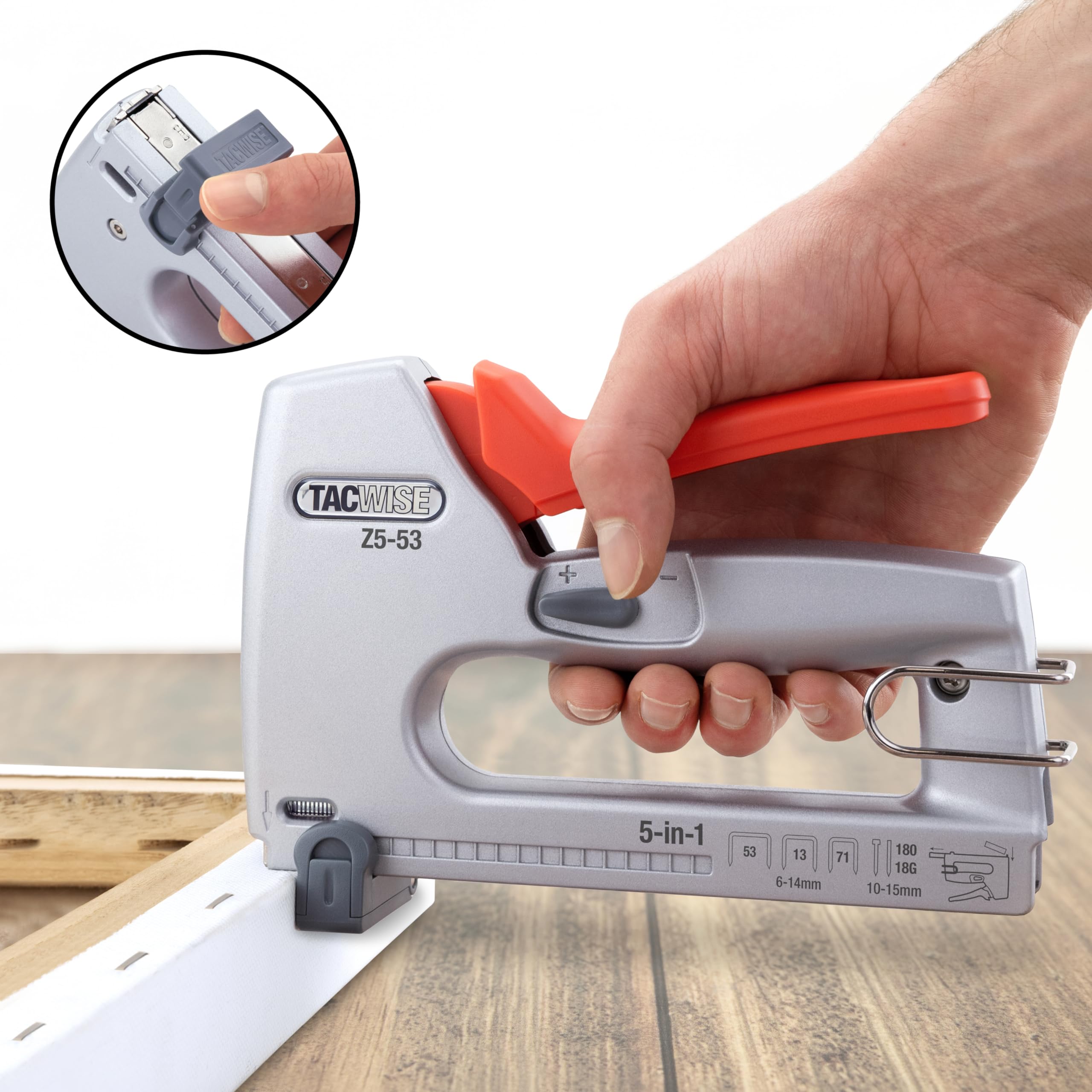 Tacwise 1748 Z5-53 Agrafeuse/Cloueuse Manuelle Professionnelle en Métal 5 en 1, Utilise les Agrafes de type 13, 53 et 71, les Clous de Finition de type 18G et Clous Sans Tête 180