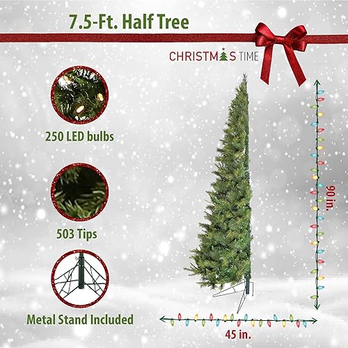 Miniatura 4 de Christmas Time Árbol de Navidad verde de media pared preiluminado de 7.5 pies, luces LED blancas cálidas, CT-HFB075-LED