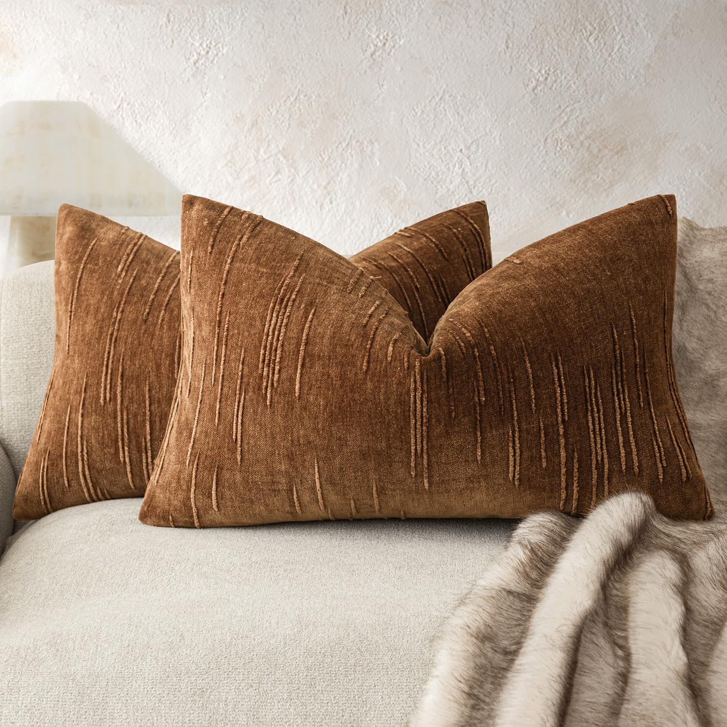 Foindtower Slubby Textured Chenille Lumbar Pillow Cover 12x20 Autumn Orange