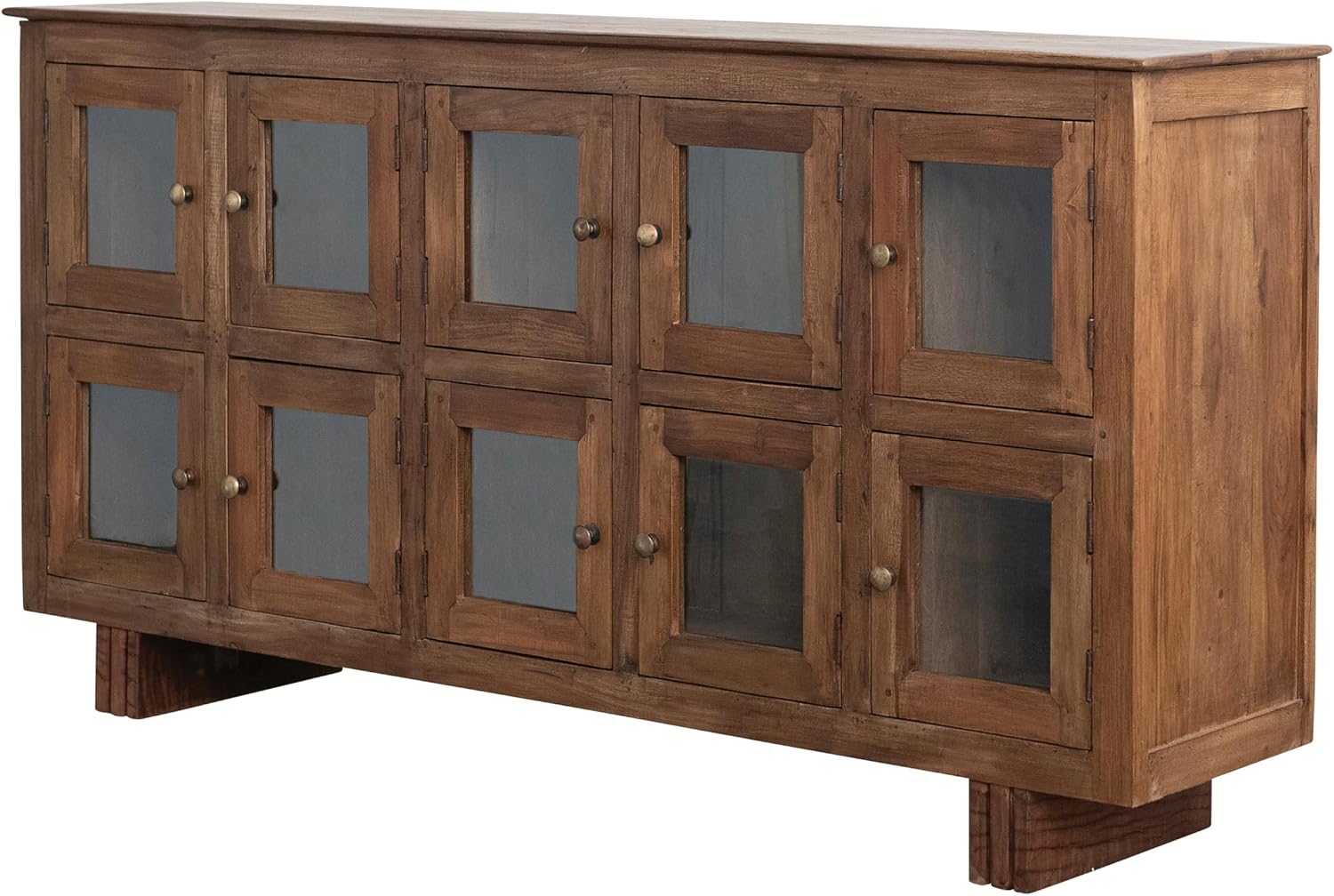 Creative Co-Op Mango Wood Sideboard with 10 Glass Doors and Brass Knobs, Natural