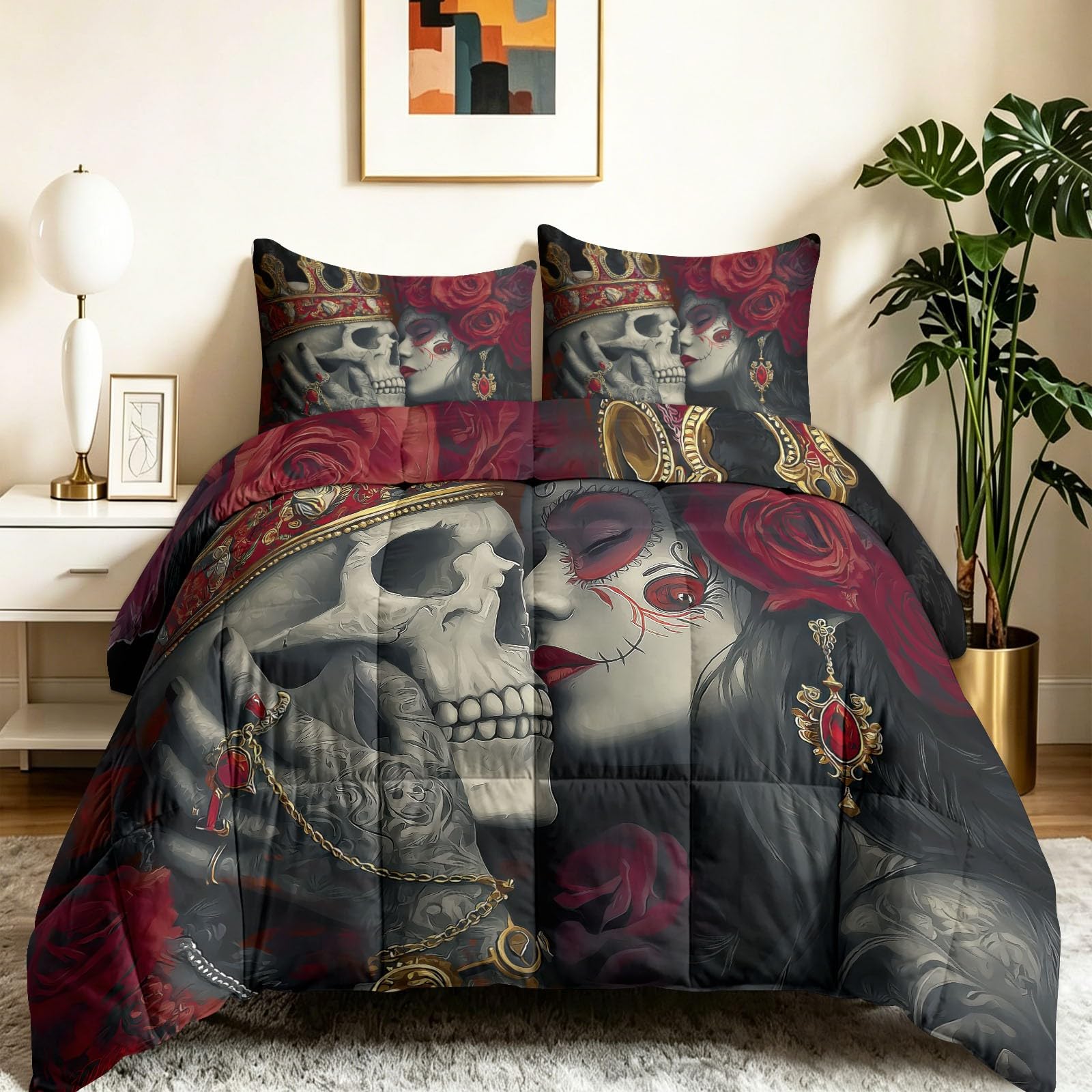 Romantyczna kołdra w stylu vintage, na 4 pory roku, 220 x 240 cm, dwustronna, czerwona, całoroczna kołdra nadaje się do prania, koc gotycki z trupią czaszką, ciepła i miękka kołdra bez poszewki