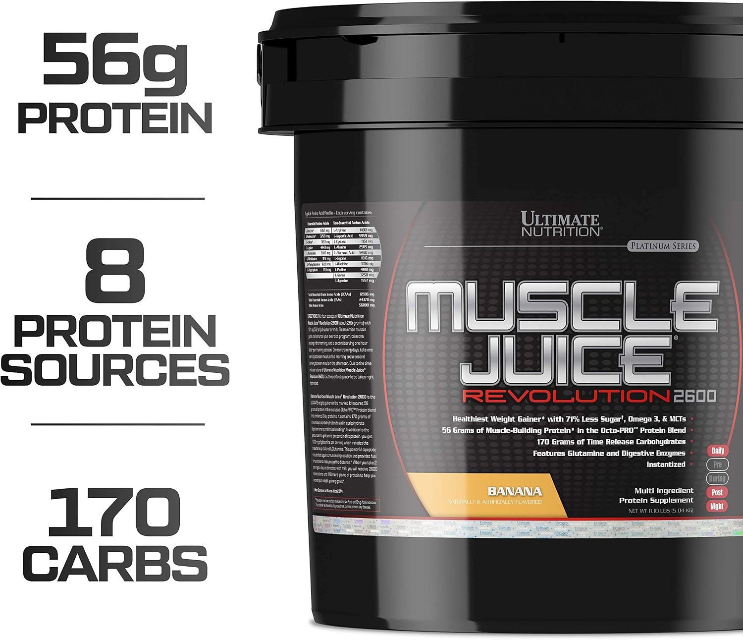 Ultimate Nutrition Muscle Juice Revolution 2600 Weight Gainer, Intestinal Health, Muscle Recovery with Glutamine, Micellar Casein and Time Release Complex Carbohydrates, Banana Protein Powder