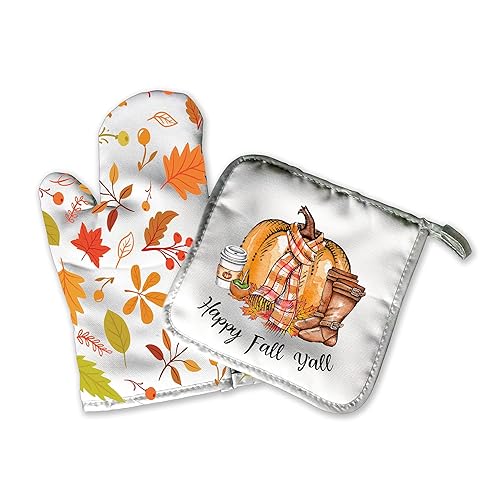 Decorative Cloth Kitchen Oven Mitt Pot Holder Set  Autumn Fall Halloween  Home Decor Seasonal Holiday Decorations  Rustic Harvest Pumpkin Spice