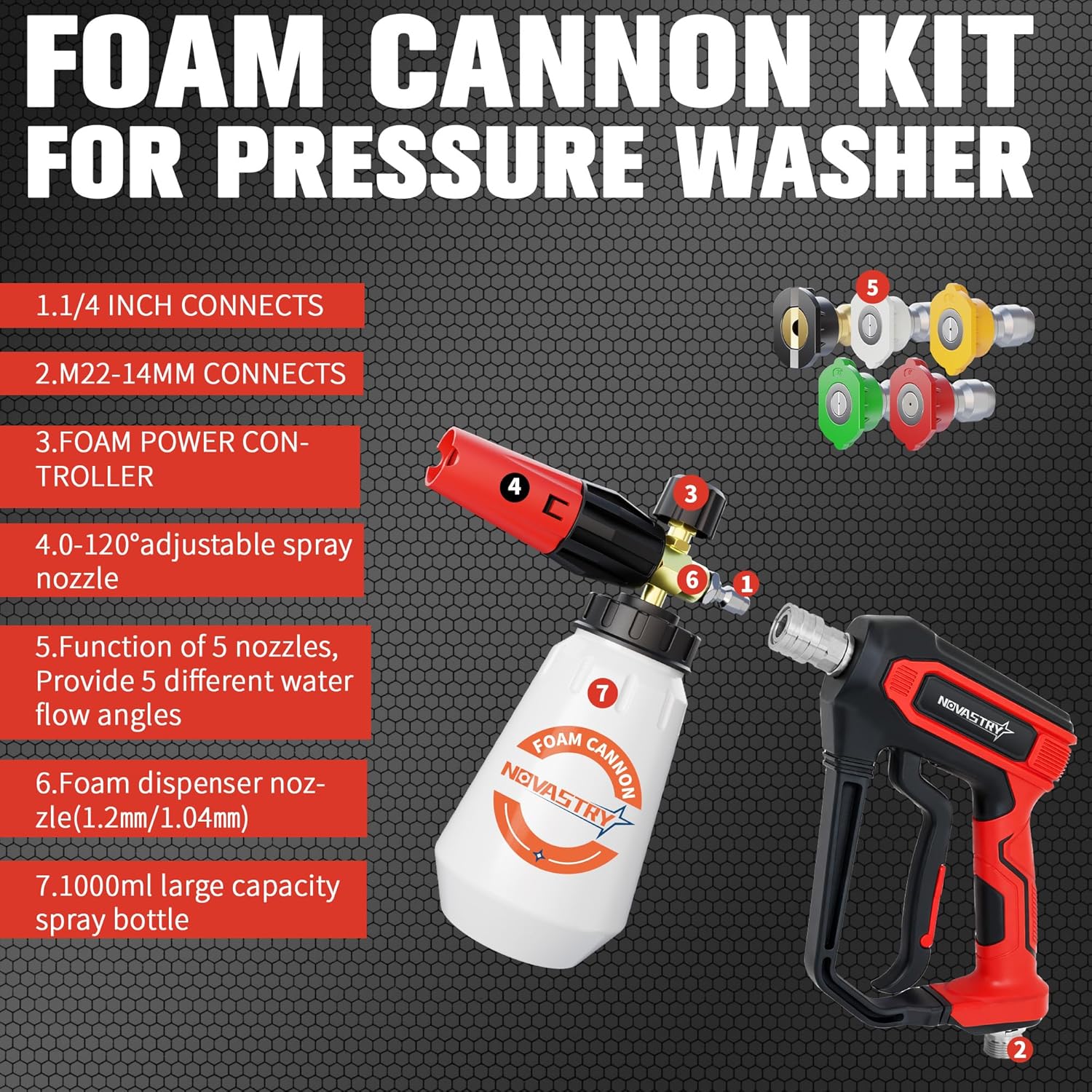 Pressure Washer Foam Cannon Gun & Sprayer Kit, Car Wash Kit, 5 Adjustable Nozzles, 1/4" Quick Connect, Fits for 1000-4000 PSI, Includes Foam Sprayer & Accessories