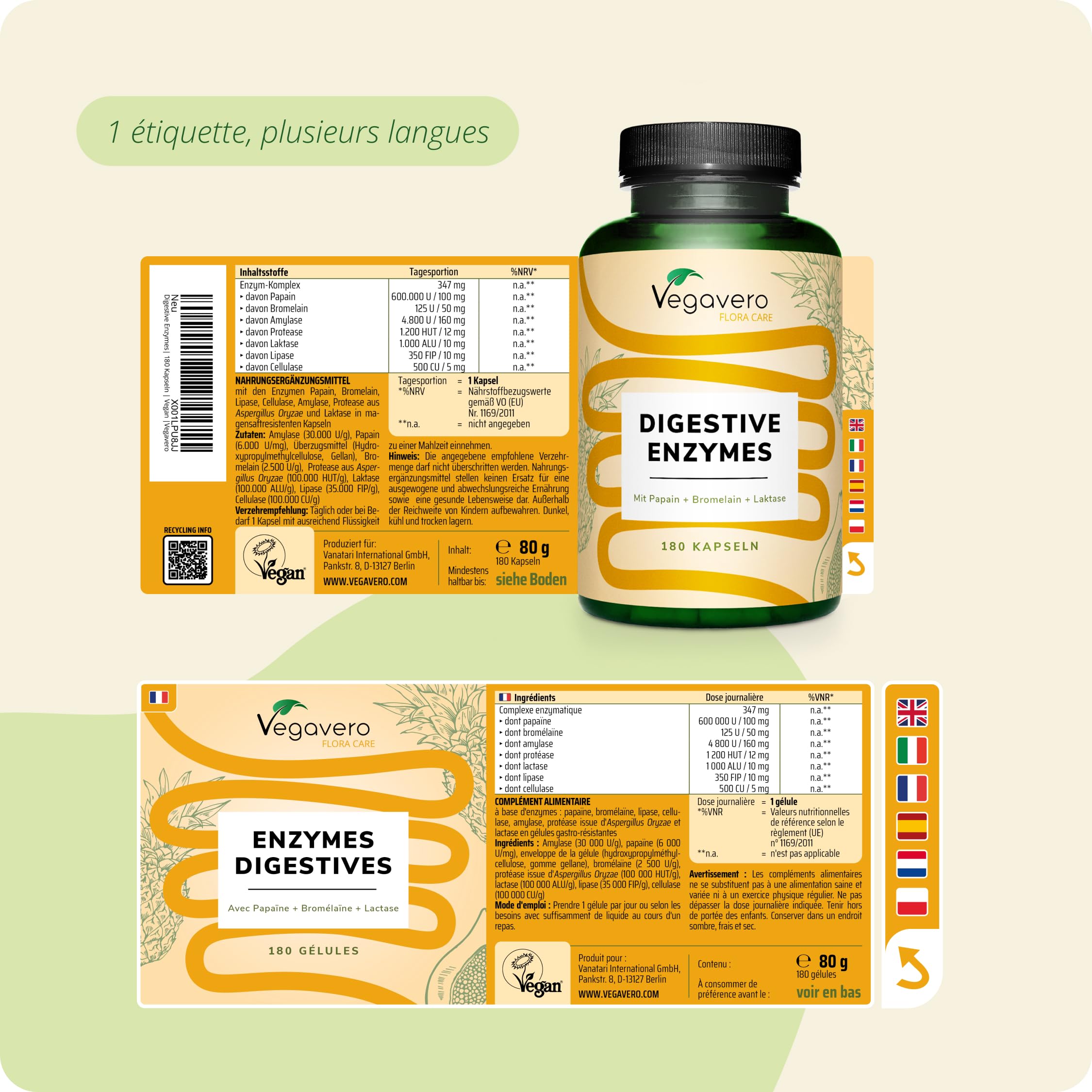 Enzymes Digestives Vegavero® | VEGAN & NATUREL | Bromélaïne, Papaïne, Amylase, Lipase, Cellulase + Lactase | Sans additifs | Digestion Difficile | 180 Gélules Drcaps®