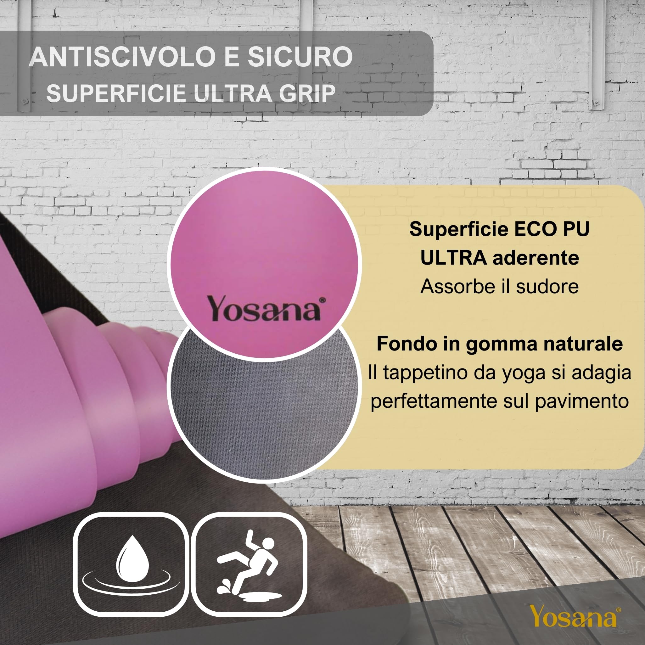 Tappetino da yoga in gomma naturale | estremamente antiscivolo con superficie ULTRA GRIP | extra largo 68cm | 183x68cm | 4mm sottile | cinghia inclusa
