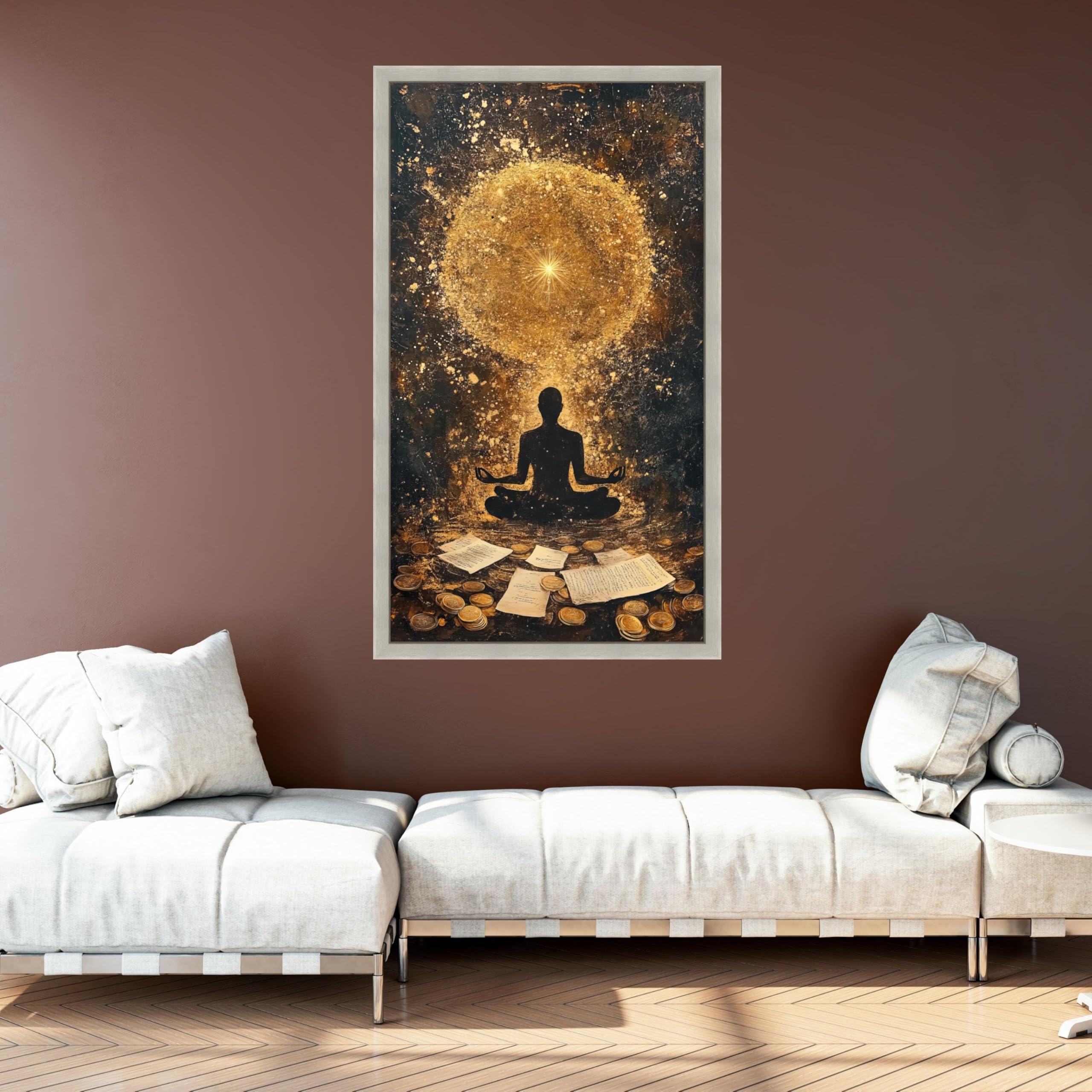 Silueta de meditación con aura dorada, lienzo espiritual para pared, pintura abstracta de meditación, decoración del hogar, mindfulness (80 x 150 cm/marco interior)