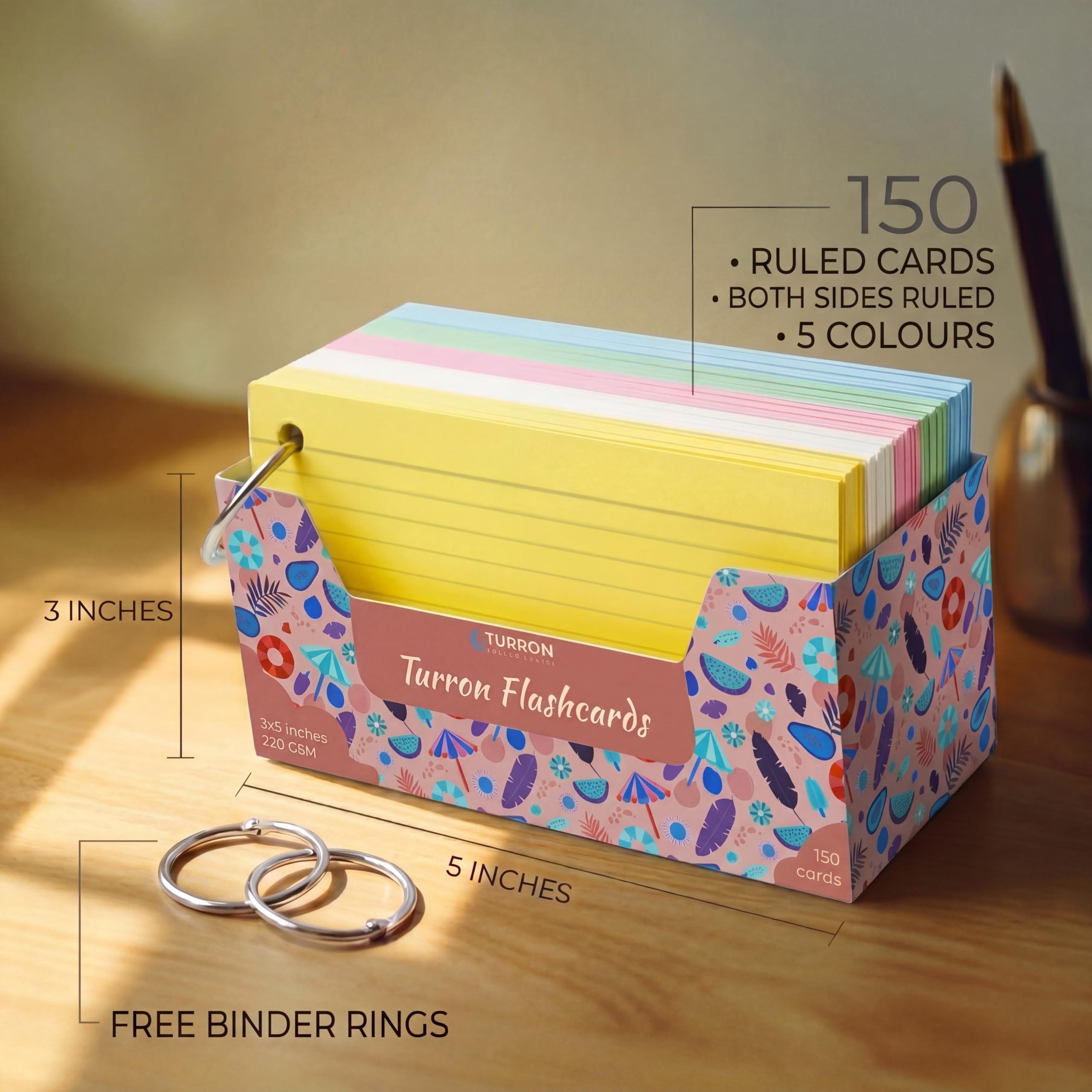Turron Premium Blank Index Flash Cards | Punched with Binder Rings for Study, Notes & Revision (150, Multicolor, 3 x 5 Inch, 2-Side Ruled) 1