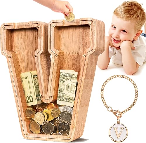 Miniatura 54 de SummiDate Alcancía de madera con nombre, niños y niñas, tamaño grande, letras alfabeto A-Z, monedas y billetes, inicial en cubierta transparente